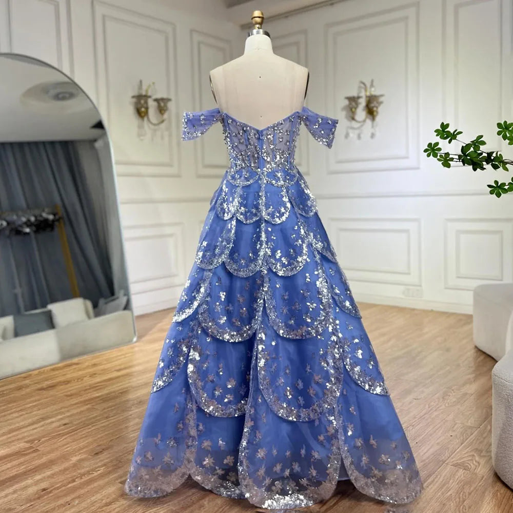 Luxury Beaded Blue A-Line Evening Gown for Women - Arabic Dubai Inspired Wedding Party Dress 2025 | Elegant Formal Gowns for Prom, Bridal Shower & Special Occasions