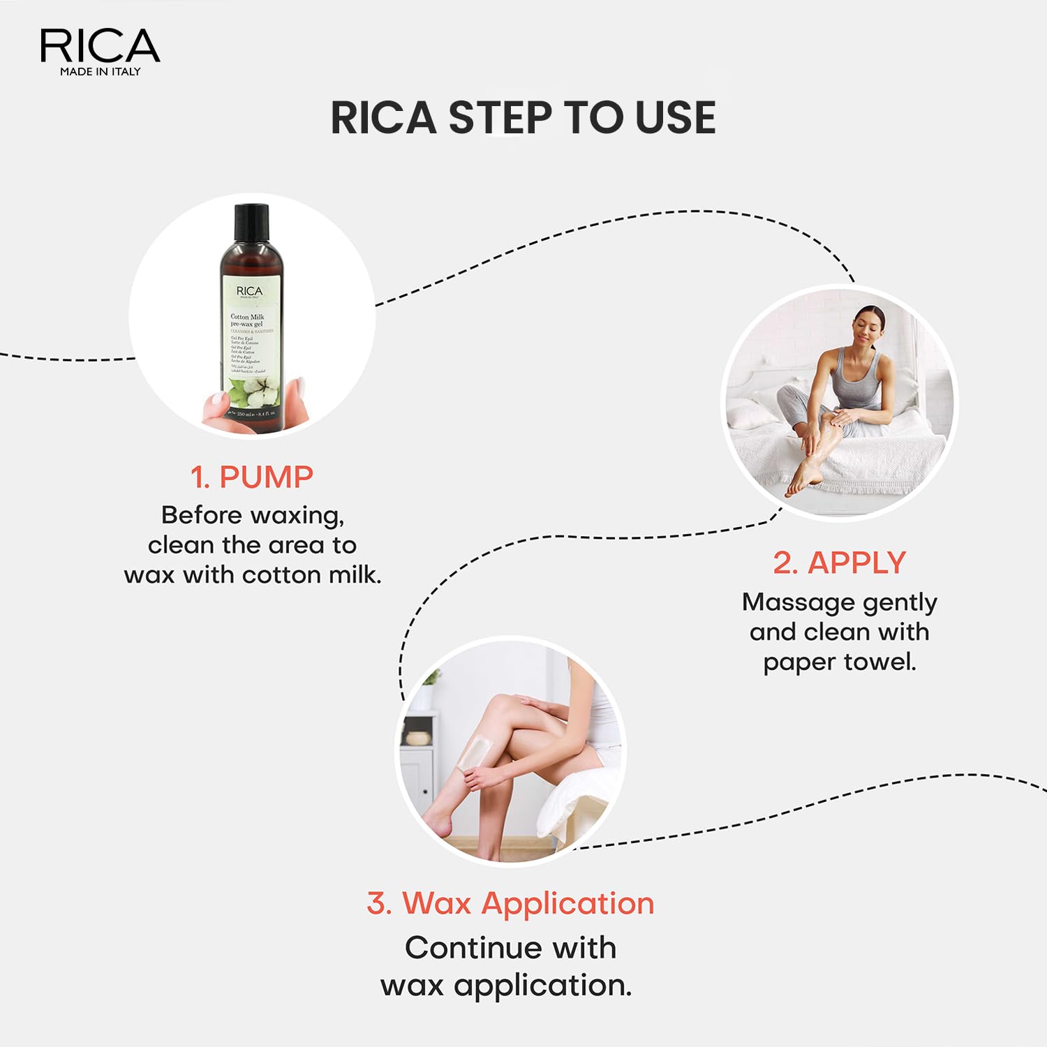 Rica Cotton Milk Pre Waxing Gel - Natural Hair Waxing Preparation with Hydrated & Softened Skin | 250ml | Ideal for Smooth Waxing at Home or Salon