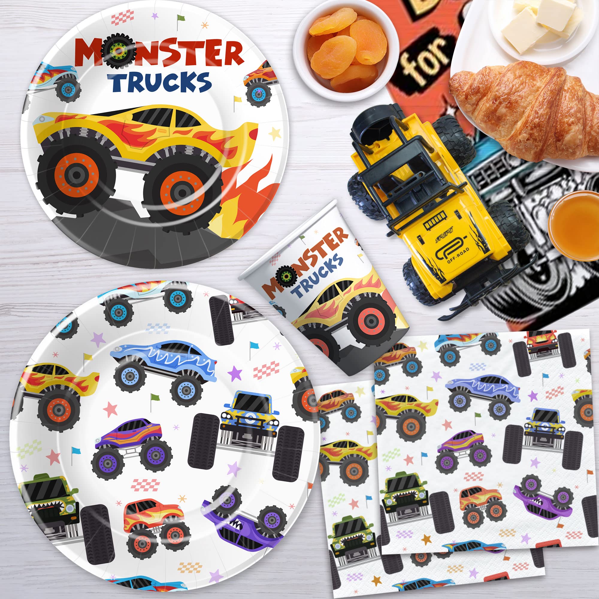 Monster Truck Birthday Party Supplies Set - 24-Piece Tableware Kit with Plates, Napkins, Tablecloth & Forks for Kids' Monster Jam Themed Party Decorations | Perfect for Birthday Celebrations, Themed Events & Kids' Dinner Parties