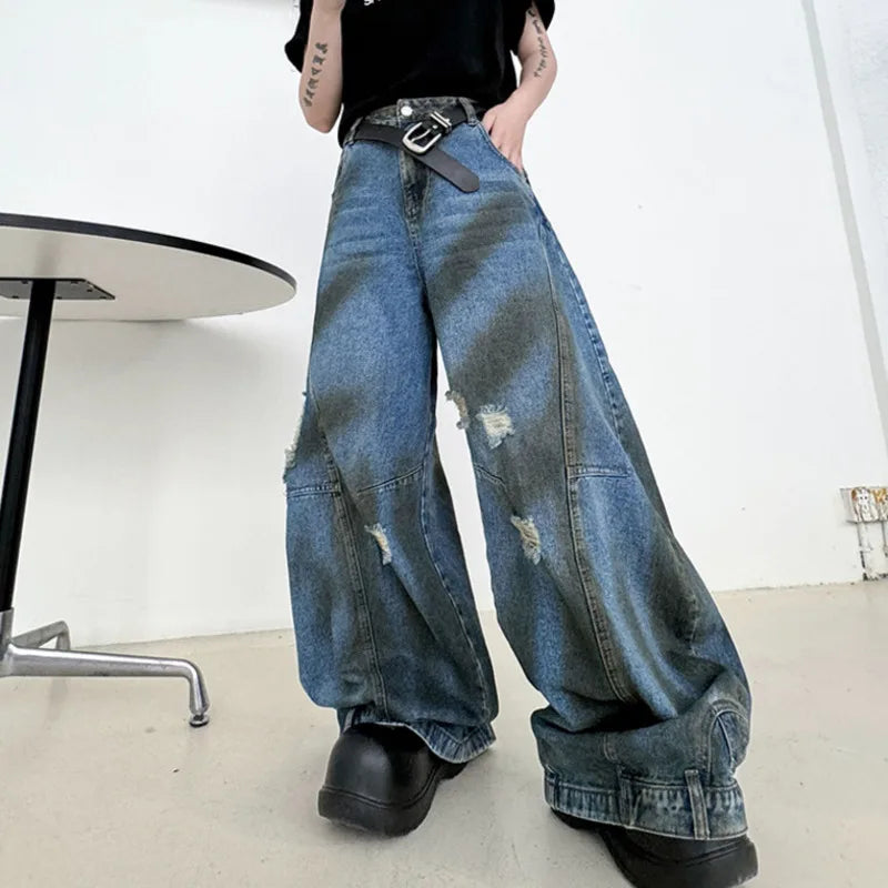 American Style Men's Jeans - Trendy Flip Design Wide Leg Distressed Denim Pants for Men | High Street Fashion | Casual Wear, Street Style & Everyday Outfits (Model 9C7025)
