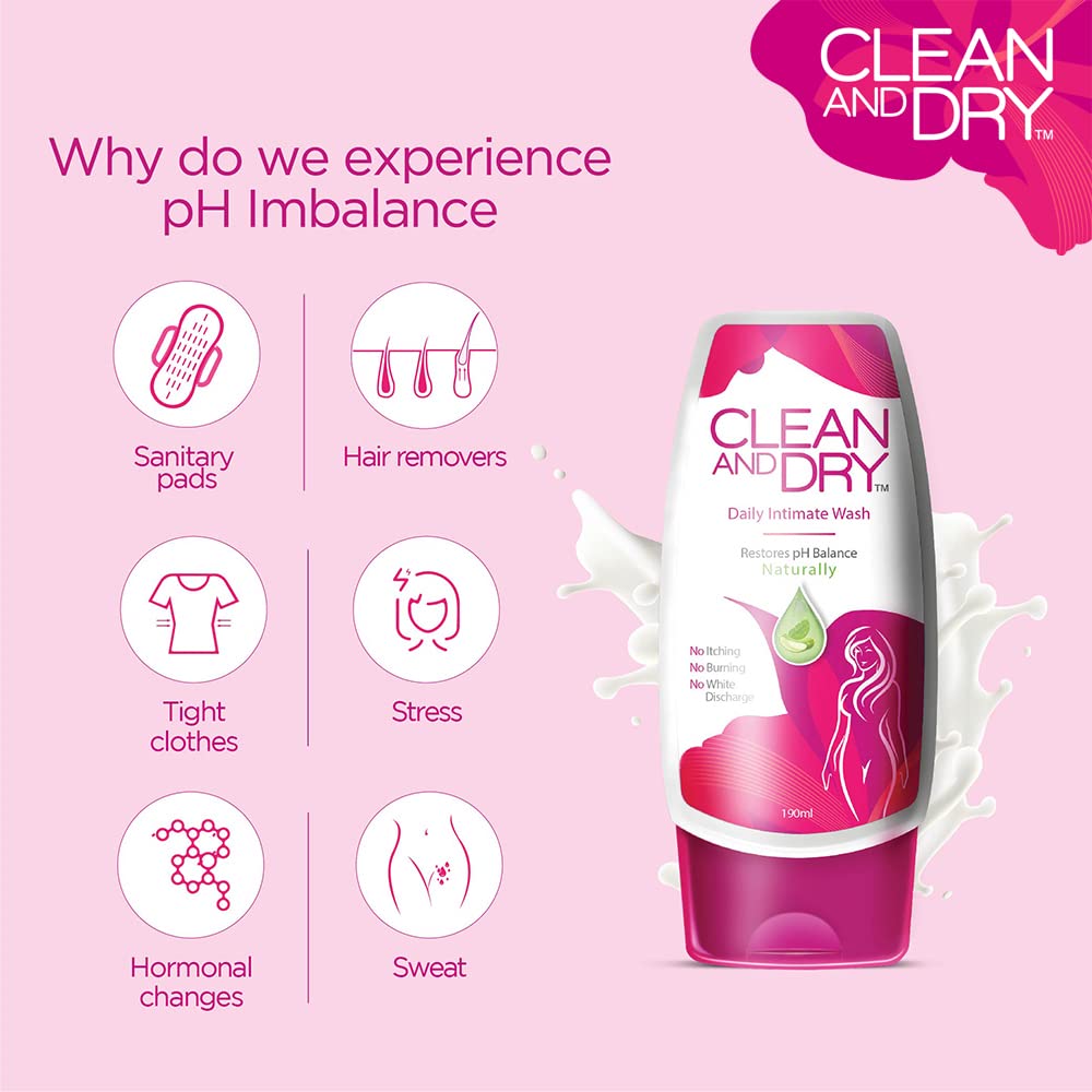 Clean & Dry Intimate Wash for Women – pH Balanced Vaginal Hygiene Wash, Antibacterial & Soothing Formula for Daily Use, Prevents Itching & Infections, 190ml – Perfect for Sensitive Skin & Post-Workout Freshness