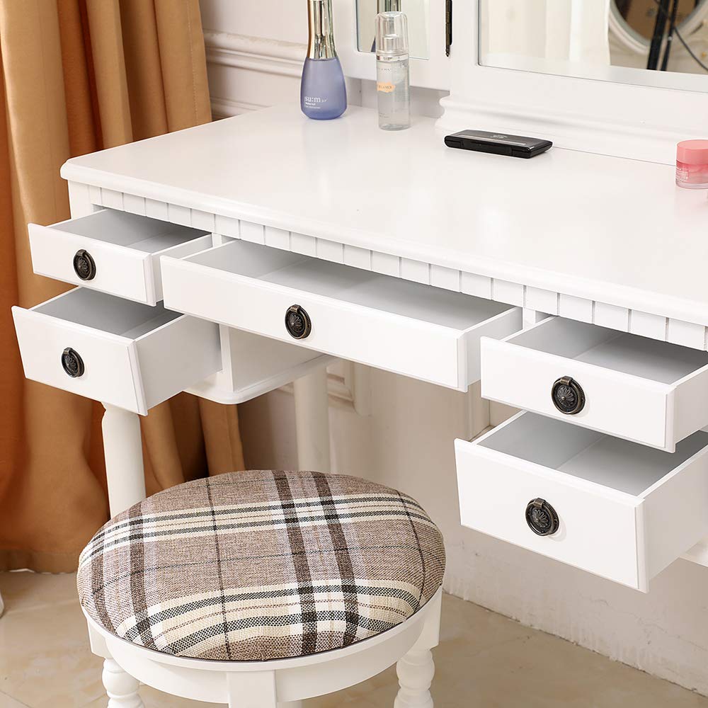 White Vanity Set with Stool - 5-Drawer Dressing Table & Tri-Folding Mirror Makeup Desk for Bedroom, Cushioned Stool Included (Adult Size) | Perfect for Cosmetics Organization, Beauty Routine & Home Decor