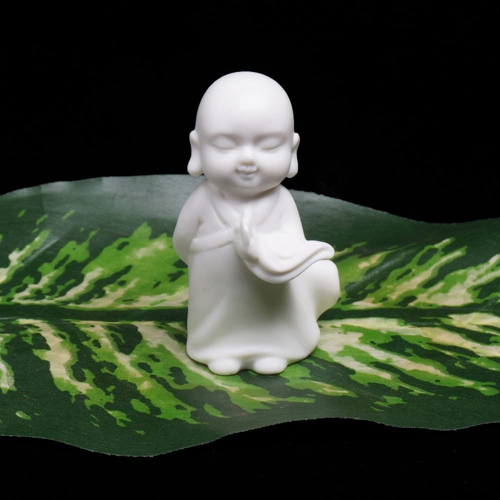 LILOVE Small Buddha Statue Monk Figurine - 4pcs Handmade Ceramic Yoga Decor, Indian Tea Pet & Meditation Ornament for Home, Office, Zen Garden Decor