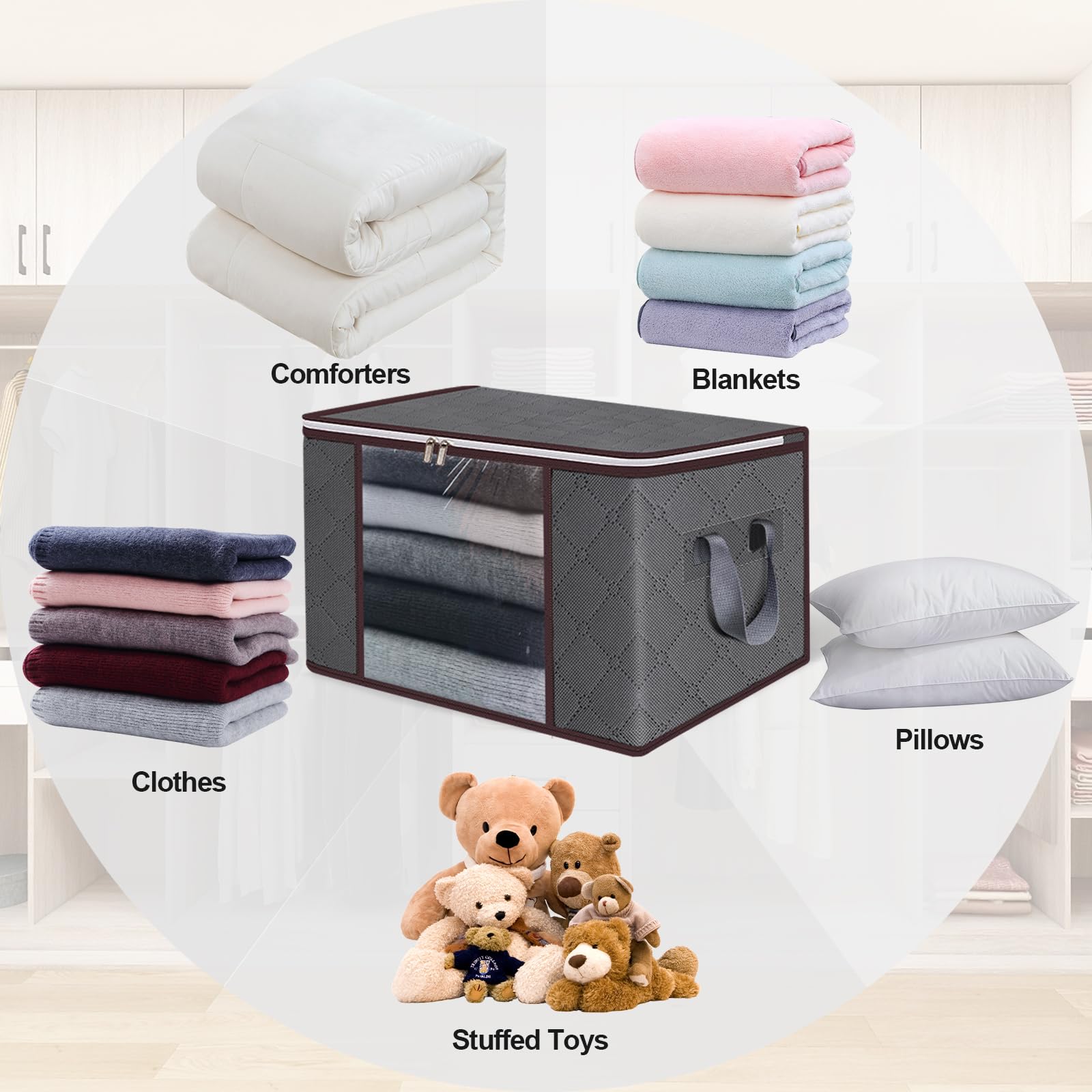 90L Large Storage Bags - 10 Pack Foldable Clothes Organizer Bins with Zipper & Lids - Durable Thick Fabric Closet Storage Containers with Handles - Perfect for Bedding, Clothing, Blankets, Pillows & Toys (Gray) - Ideal for Home Organization, Seasonal Storage & Travel Packing
