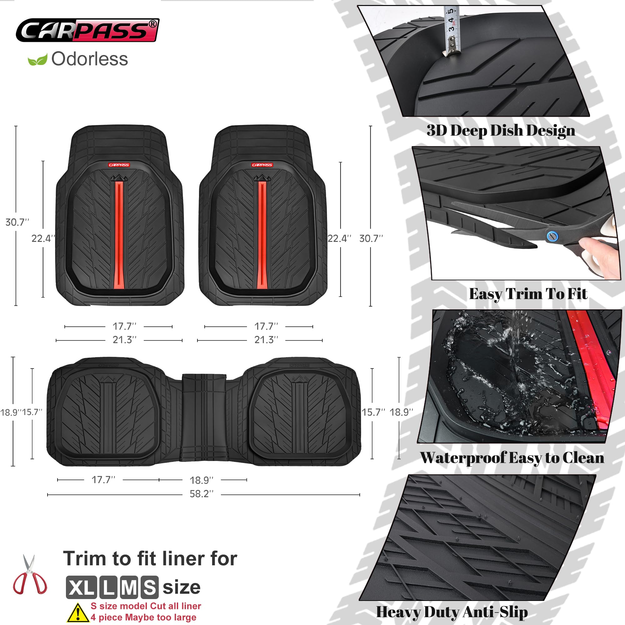 Heavy Duty All Weather Rubber Floor Mats for Cars & SUVs - CAR PASS Tire Tread DeepDish Design, Universal Fit (Trim to Size), Waterproof 3-Piece Set (Red/Black) - Perfect for Trucks, SUVs & Off-Road Vehicles in Rain, Snow & Mud Conditions