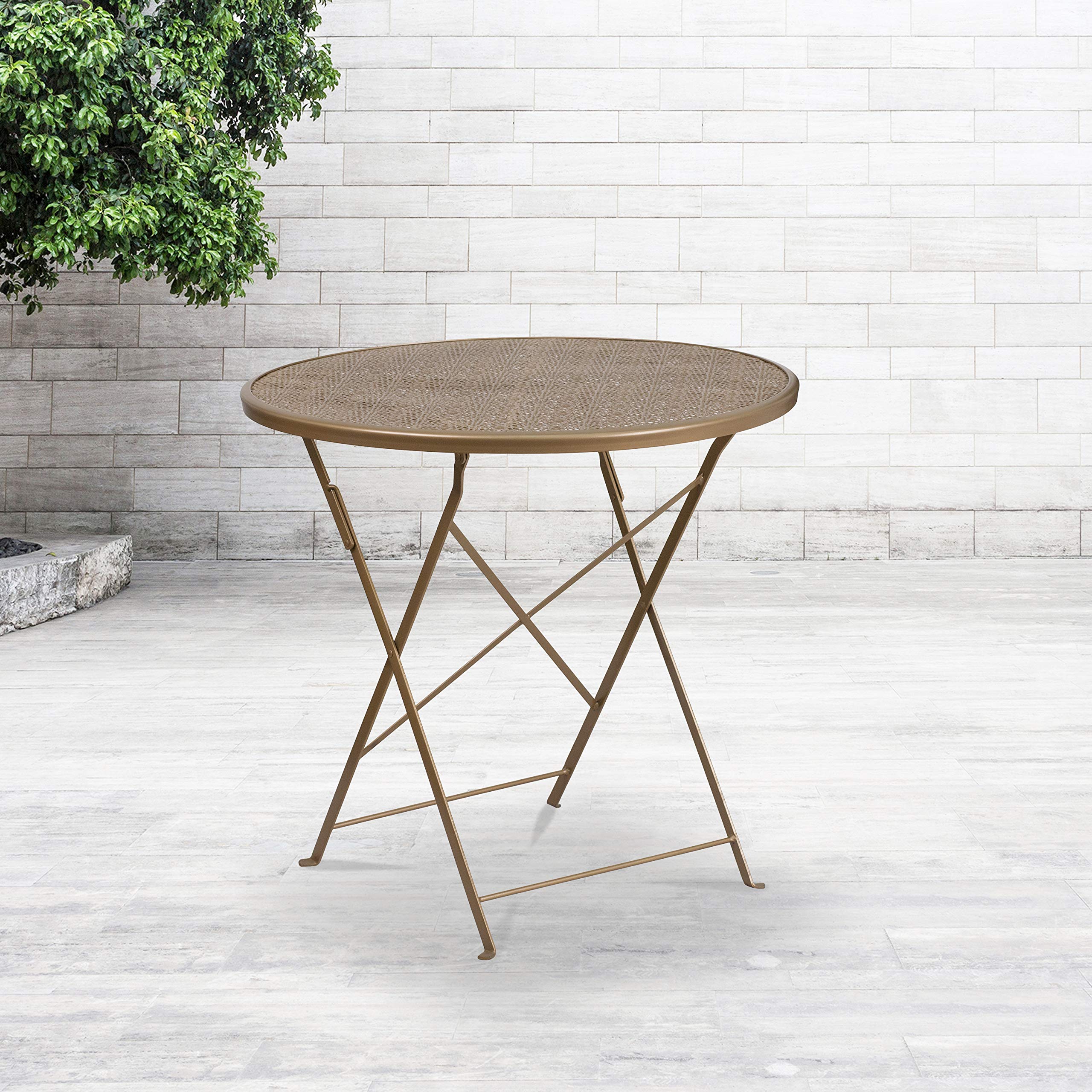 EMMA + OLIVER 30 Inch Round Gold Folding Patio Table - Heavy Duty Steel, Indoor & Outdoor Use - Perfect for Dining, BBQs, and Poolside Gatherings