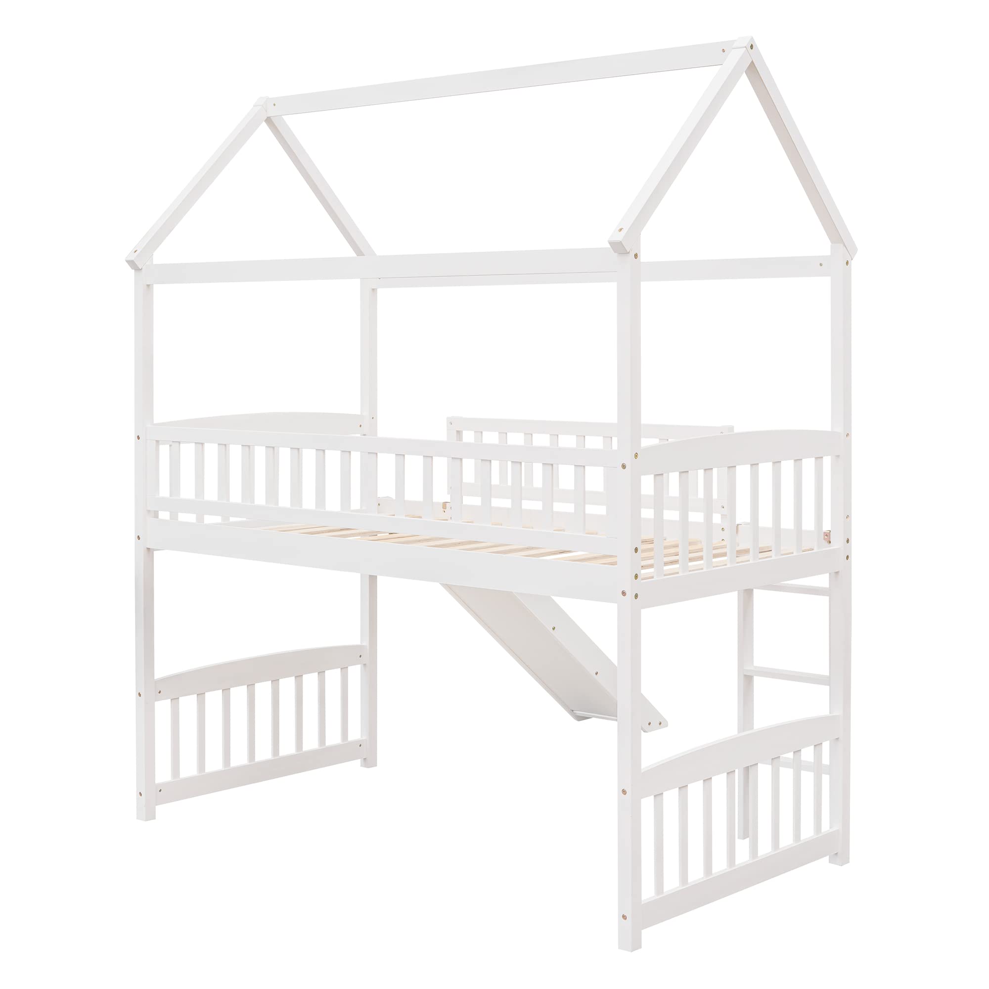 Bellemave White Wooden Loft Bed with Slide - Twin Size Kids House Bed with Roof - Fun Play Space for Toddlers, Girls & Boys - Perfect for Small Bedrooms, Playrooms & Sleepovers