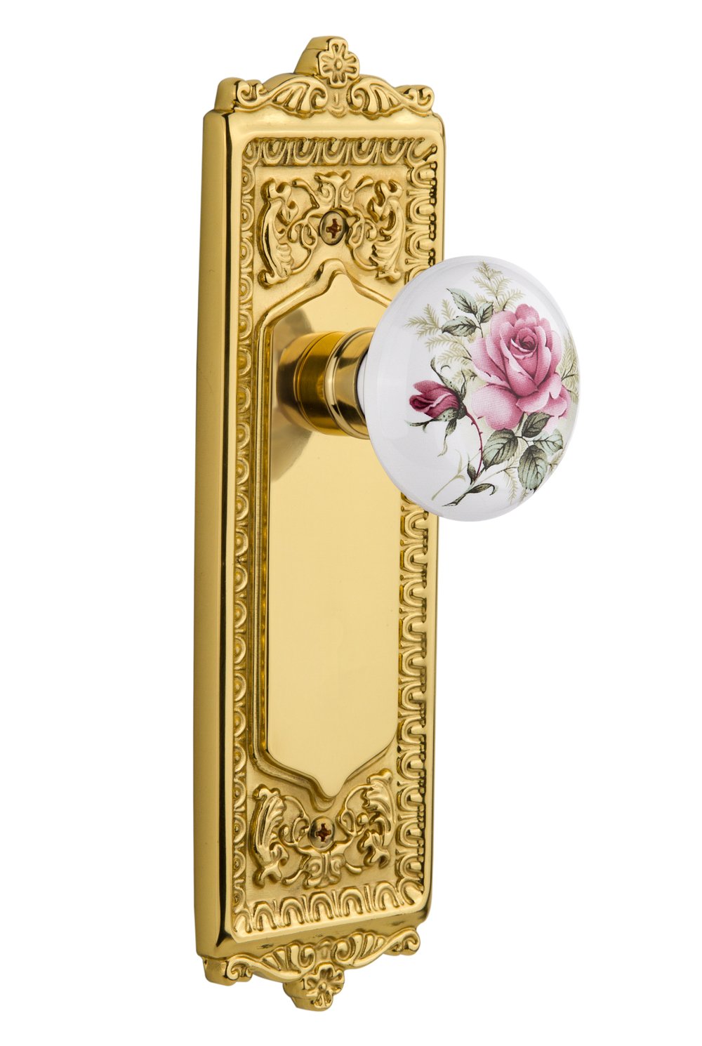 Vintage Nostalgic Warehouse 702631 Single Dummy Unlacquered Brass Egg & Dart Plate with White Rose Porcelain Knob - Perfect for Classic Home Decor, Cabinet Hardware & DIY Furniture Restoration Projects
