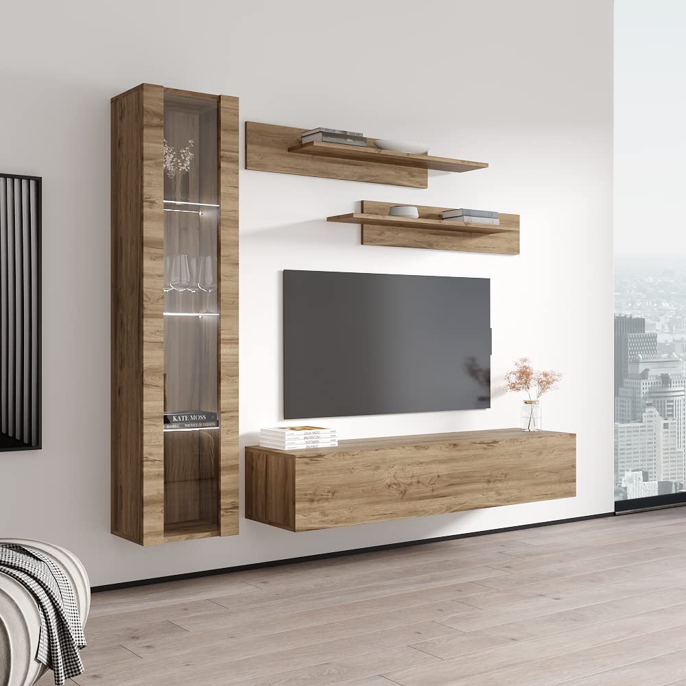 Modern Floating TV Stand with Storage & LED Lights - Wall-Mounted Entertainment Center for Living Room & Bedroom - Oak Wood TV Console with Shelves - Perfect for Small Spaces & Home Theater Setup