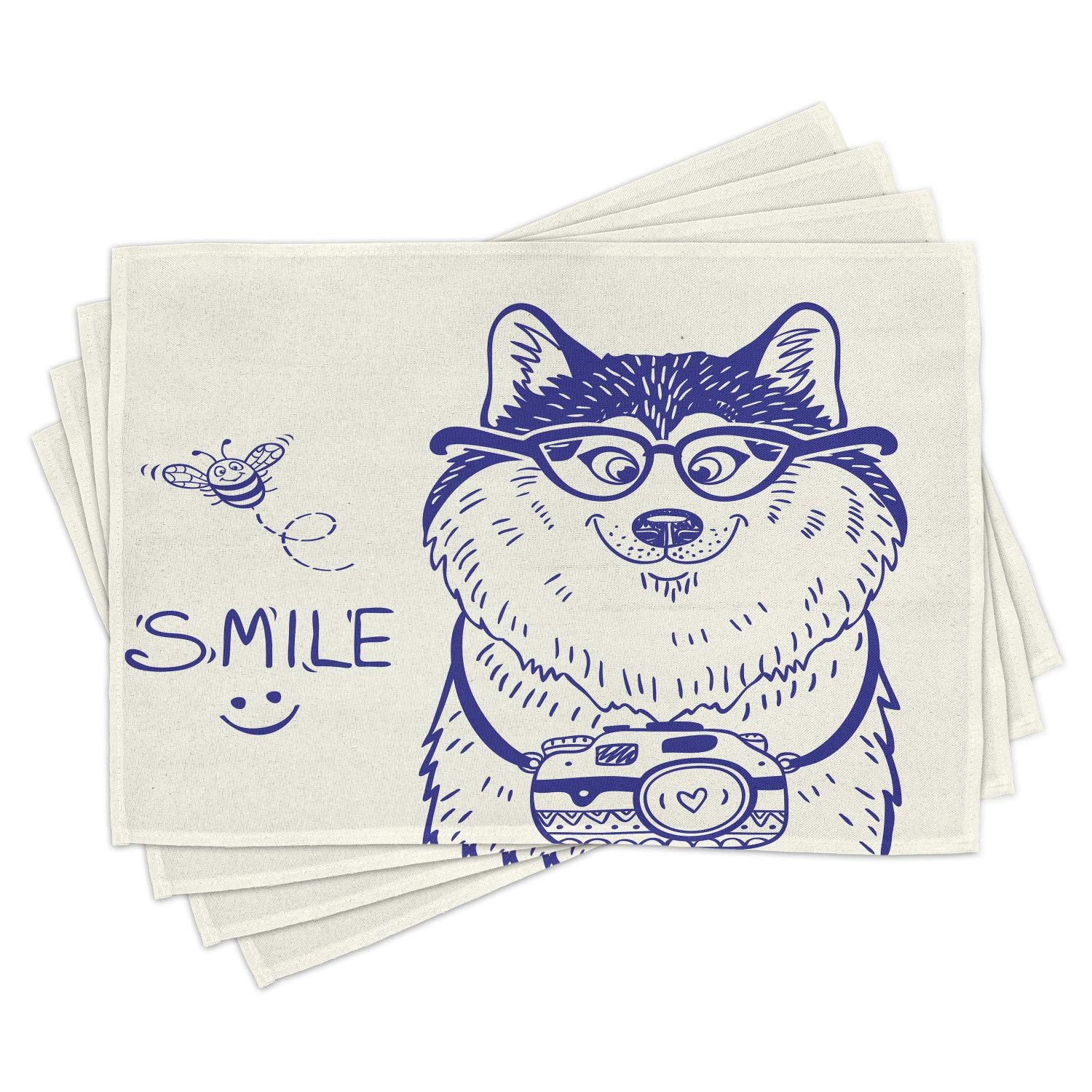 Ambesonne Alaskan Malamute Place Mats Set of 4 - Cartoon Style Puppy with Glasses & Camera Design, Washable Fabric Placemats for Dining Table & Kitchen Decor in Blue & White | Perfect for Family Meals, Dinner Parties & Pet Lover Home Decor