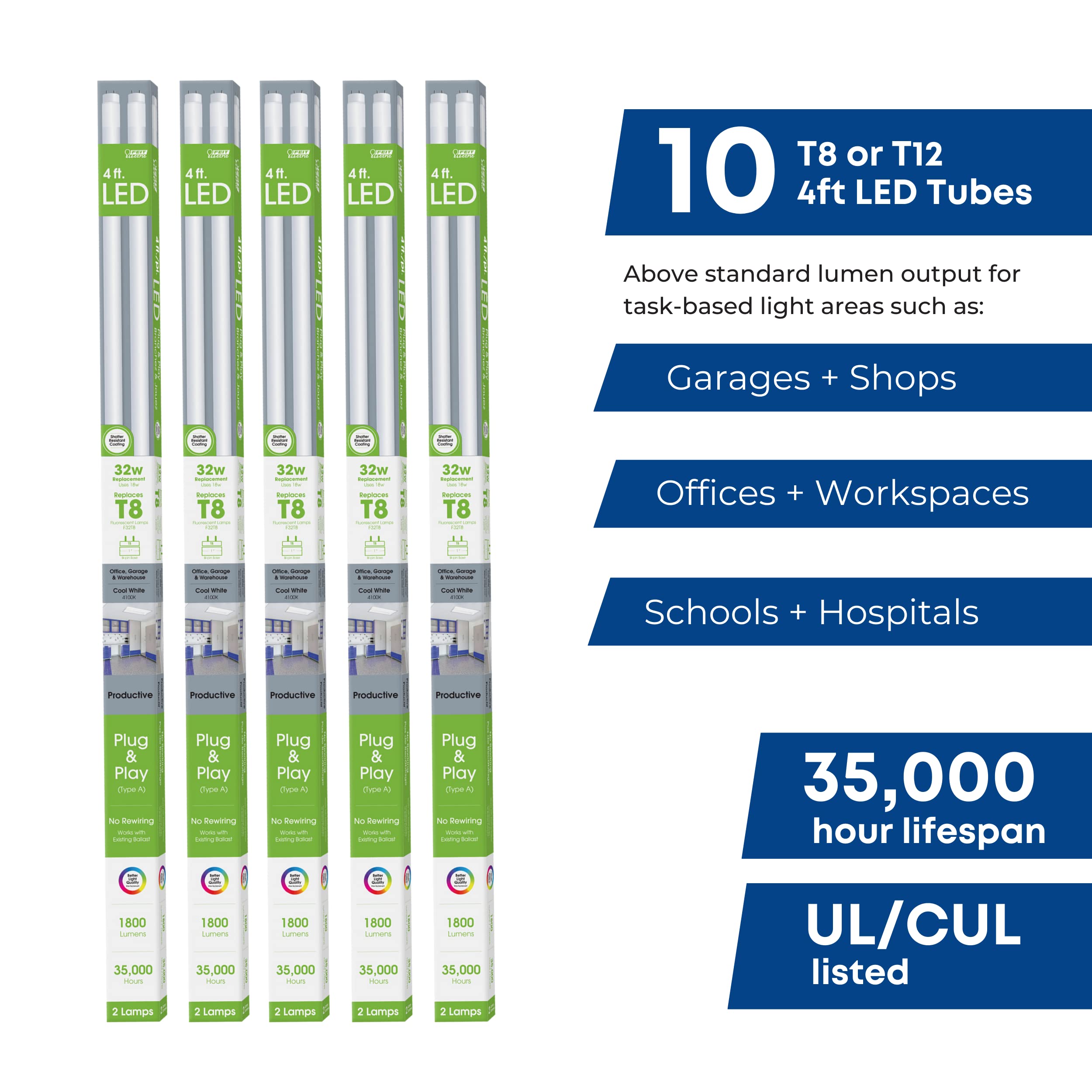 Feit Electric LED 4ft T8 Tube Lights - 32W Equivalent, Type A Plug & Play, Frosted Warm White (10 Pack) - Perfect for Office, Garage, and Warehouse Lighting