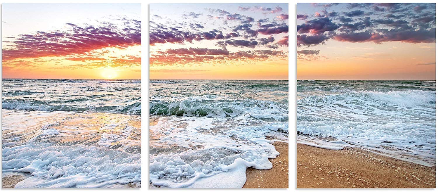 TutuBeer 3-Panel Beach Wall Art - Coastal Home Decor with White Sand Sunrise & Deep Blue Sky - 12x16 Inch Framed Beach Pictures for Living Room, Bedroom & Kitchen - Perfect Beach House Decorations & Ocean Themed Gifts