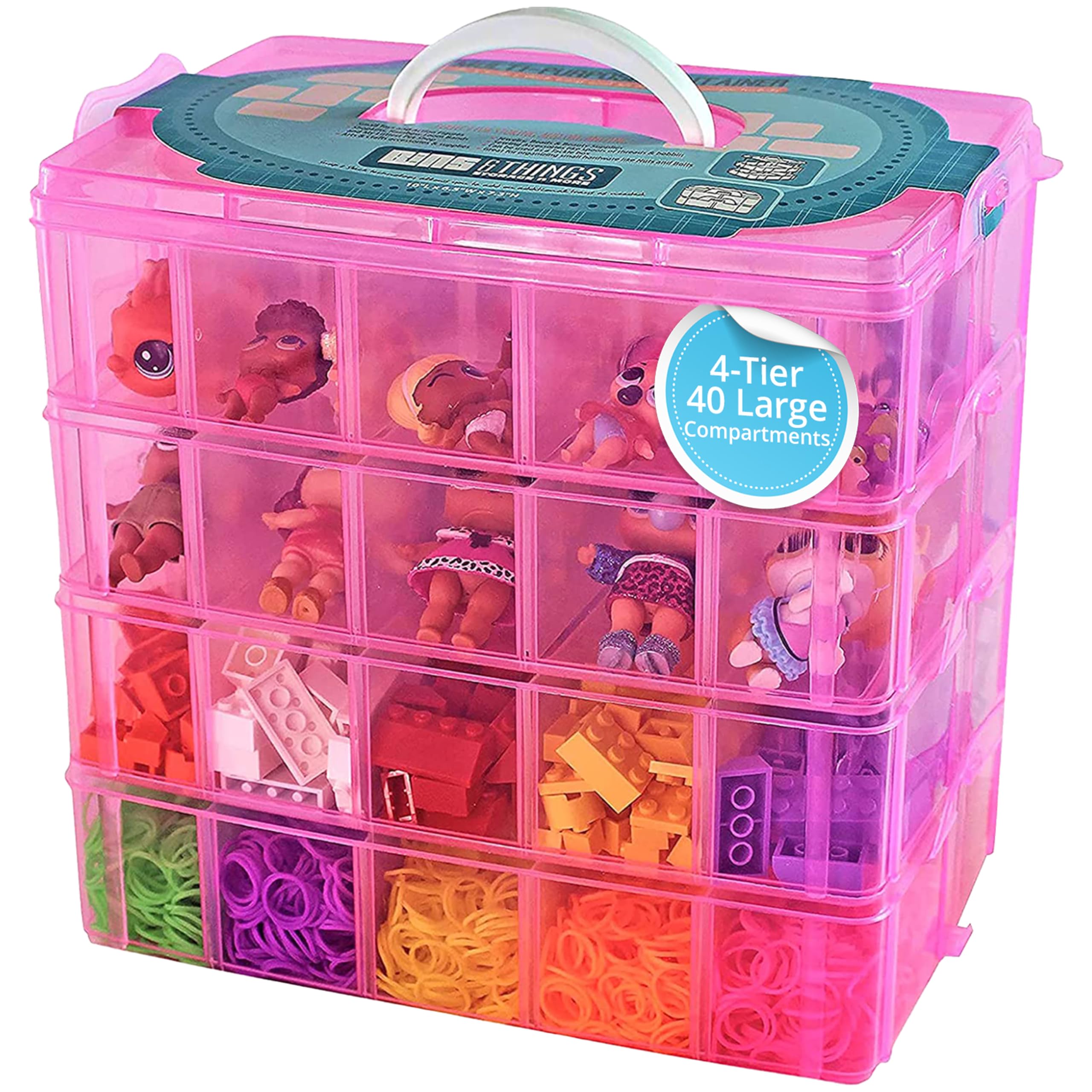 Bead Organizer with Adjustable Compartments - 4 Tier 20 Compartment Pink Storage Box for Dolls, Crafts, Mini Toys, Jewelry & Beads - Durable Toy Organizer for Kids & Adults - Perfect for Craft Rooms, Playrooms & Travel Organization