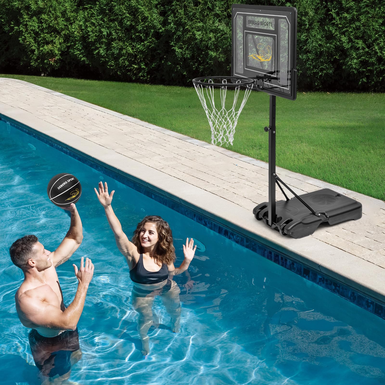 DEBERG Adjustable 3-4ft Portable Pool Basketball Hoop Set with Wheels, Shatterproof Backboard, Ball & Air Pump - Perfect for Backyard Swimming Pool Games, Summer Water Fun & Family Outdoor Activities