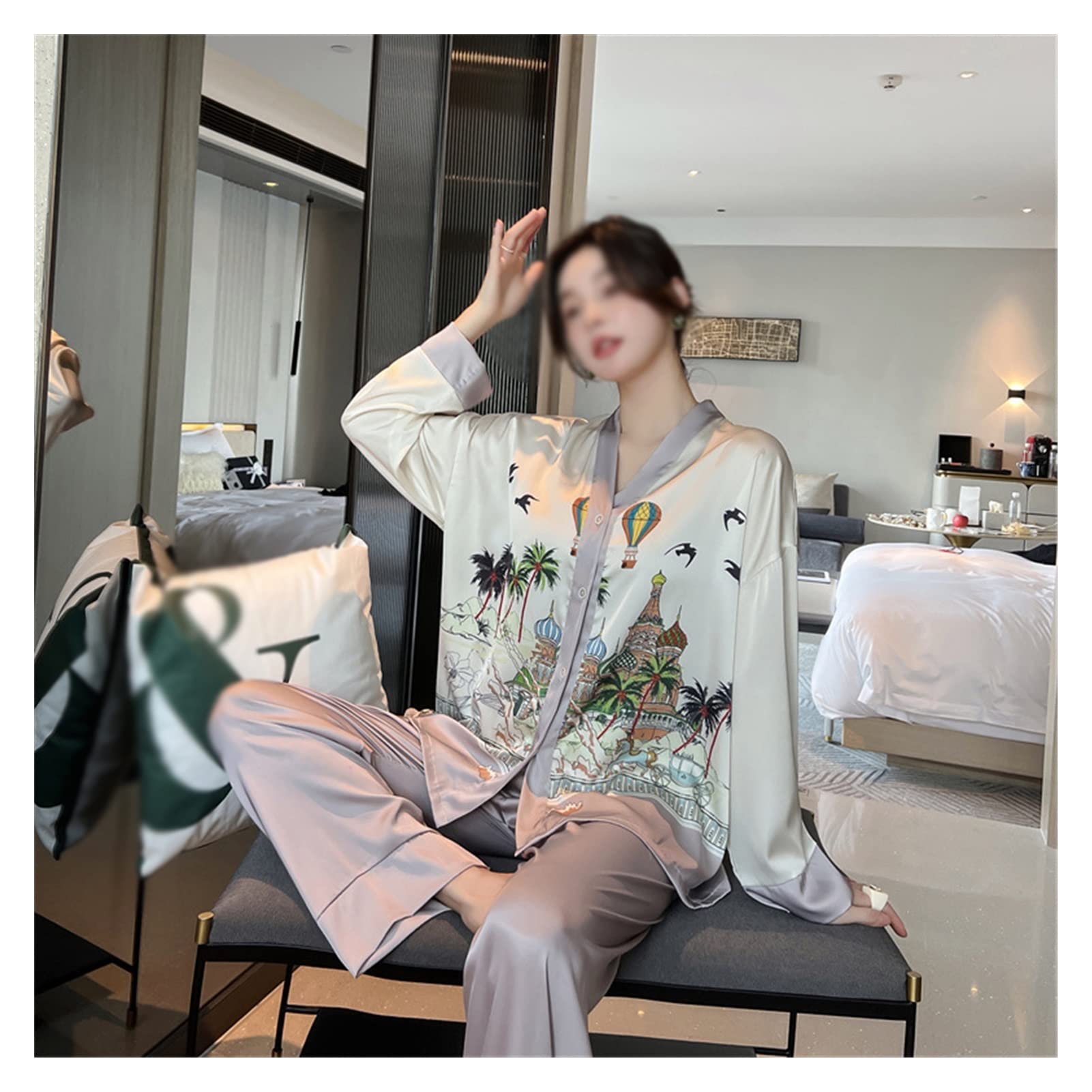 MMAXZ Women's Silk-Like Printed Pajama Set - Long Sleeve Button-Down Sleepwear for Home & Lounge (Color: Blue, Size: M) | Cozy Nightwear for Relaxation & Comfortable Sleep