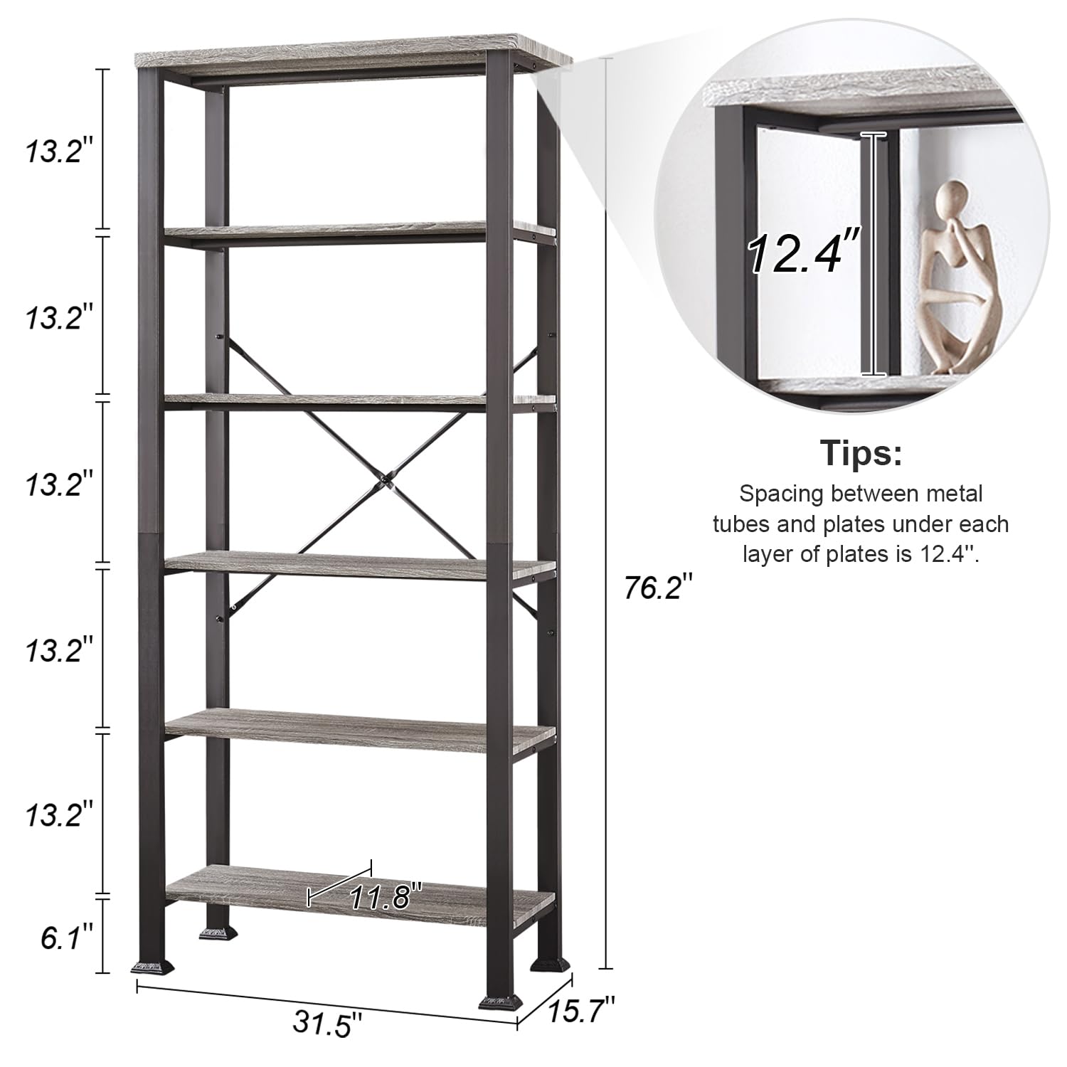 HOMBAZAAR 6-Tier Industrial Bookshelf - Grey Engineered Wood & Metal Bookcase, Tall Storage Shelf for Living Room, Office, Bedroom, Kitchen | Perfect for Organizing Books, Decor & Kitchen Supplies