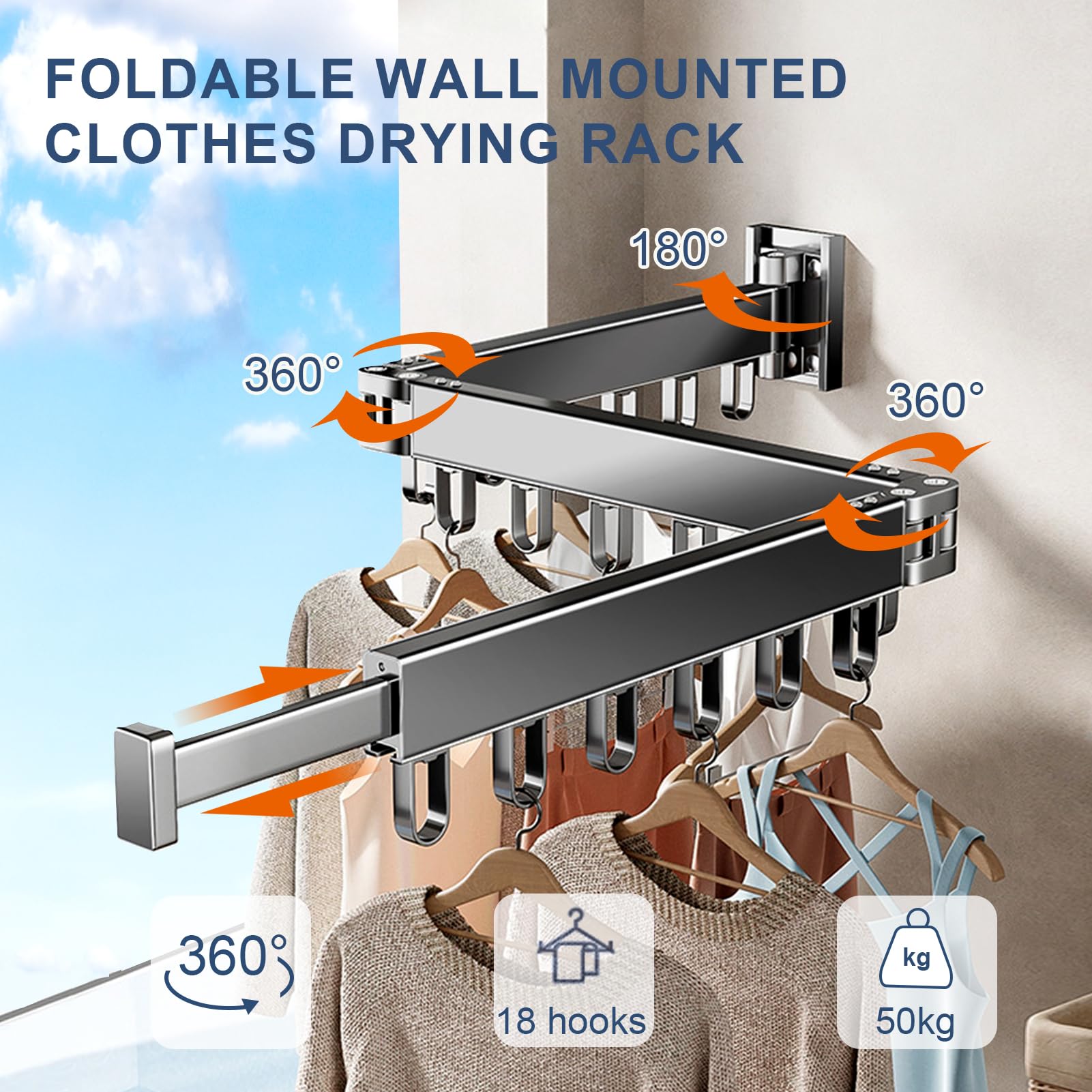 Wall Mounted Clothes Drying Rack - Foldable Tri-Fold Laundry Rack for Home & Balcony - Space Saving Aluminum Drying Rack for Clothes, Towels & Linens (Black) - Perfect for Small Apartments, Dorms & Laundry Rooms