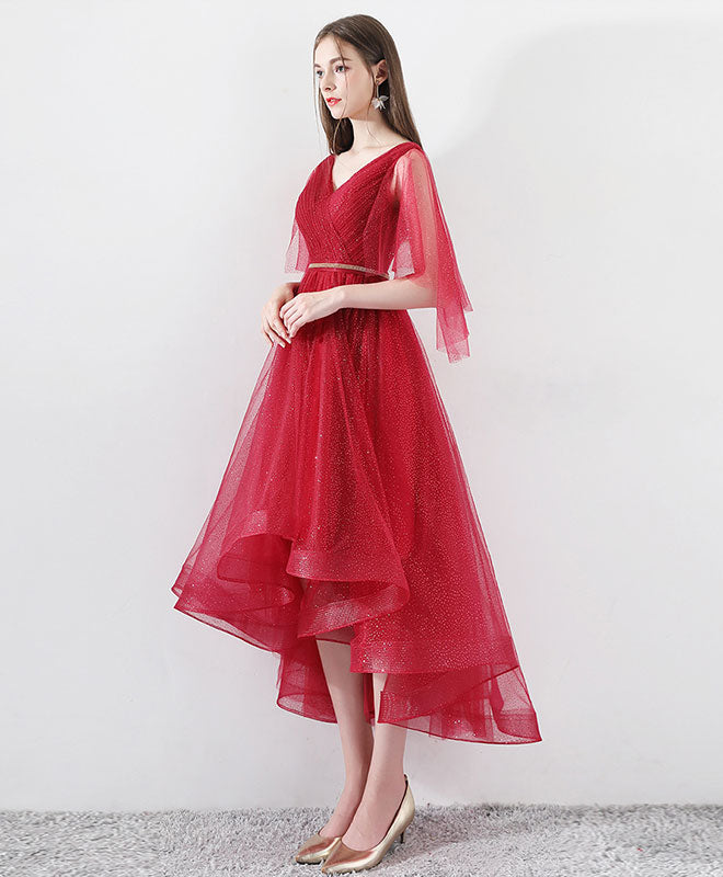 Elegant Burgundy Tulle High-Low Prom Dress & Evening Gown for Women - Perfect for Homecoming, Formal Dances, and Special Occasions