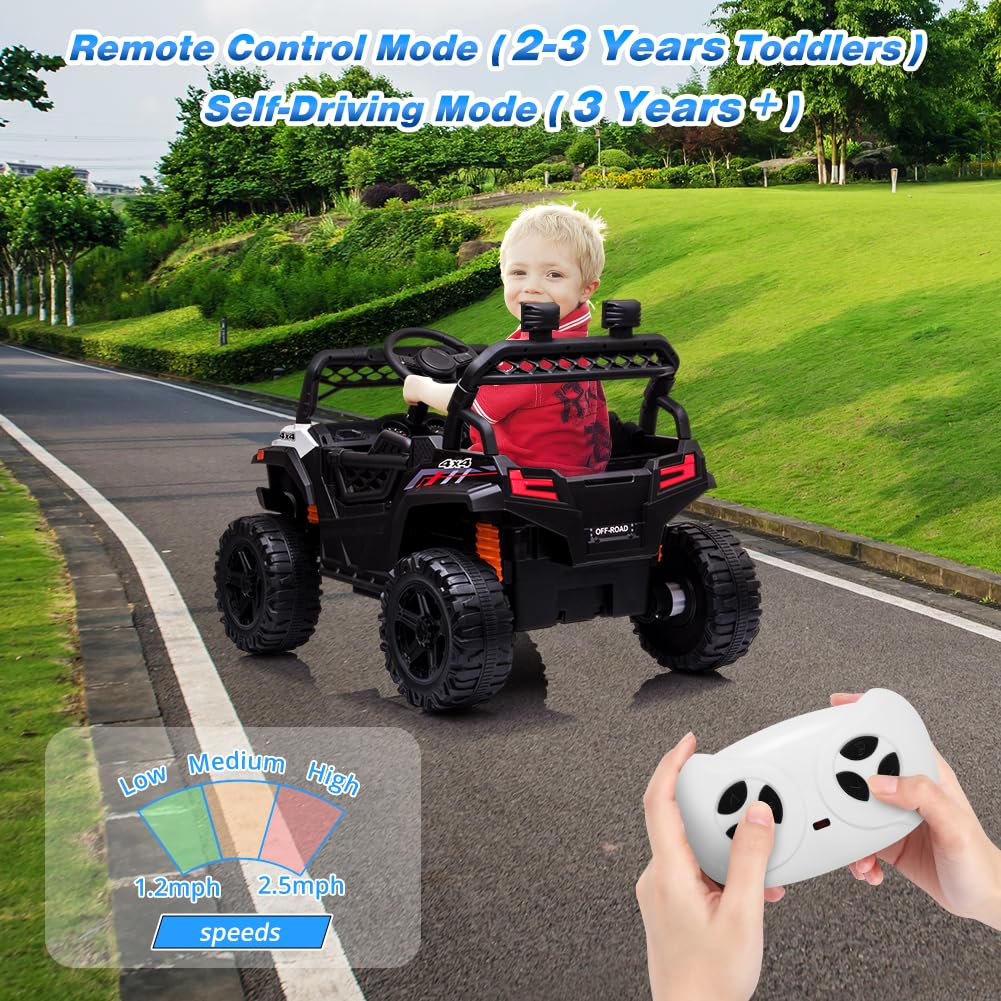 12V Battery Powered Kids Ride On Car with Remote Control - Electric Toy Vehicle for Toddlers with Spring Suspension, LED Lights, FM Radio, AUX/USB Port & Music Player (White) - Perfect for Indoor/Outdoor Play, Birthday Gifts & Family Fun Activities