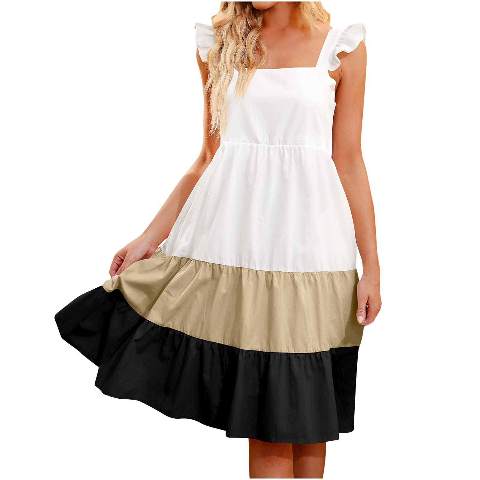 Women's Summer Casual Dress - Solid Color Ruffle Strap Sleeveless Square Neck Patchwork Swing Dress | Perfect for Beach Vacations, Date Nights & Summer Parties