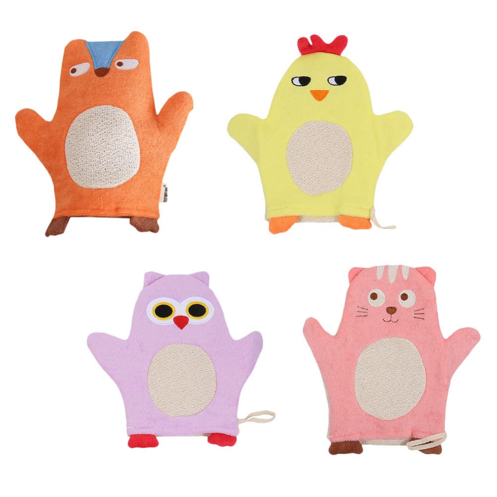 LALAFINA 4-Piece Bath Towel Set - Exfoliating Loofah Mitts, Spa & Shower Scrubbers for Body Care - Soft Frosted Cotton Bath Sponges for Adults & Baby Skin - Perfect for Exfoliation, Massage & Gentle Cleansing
