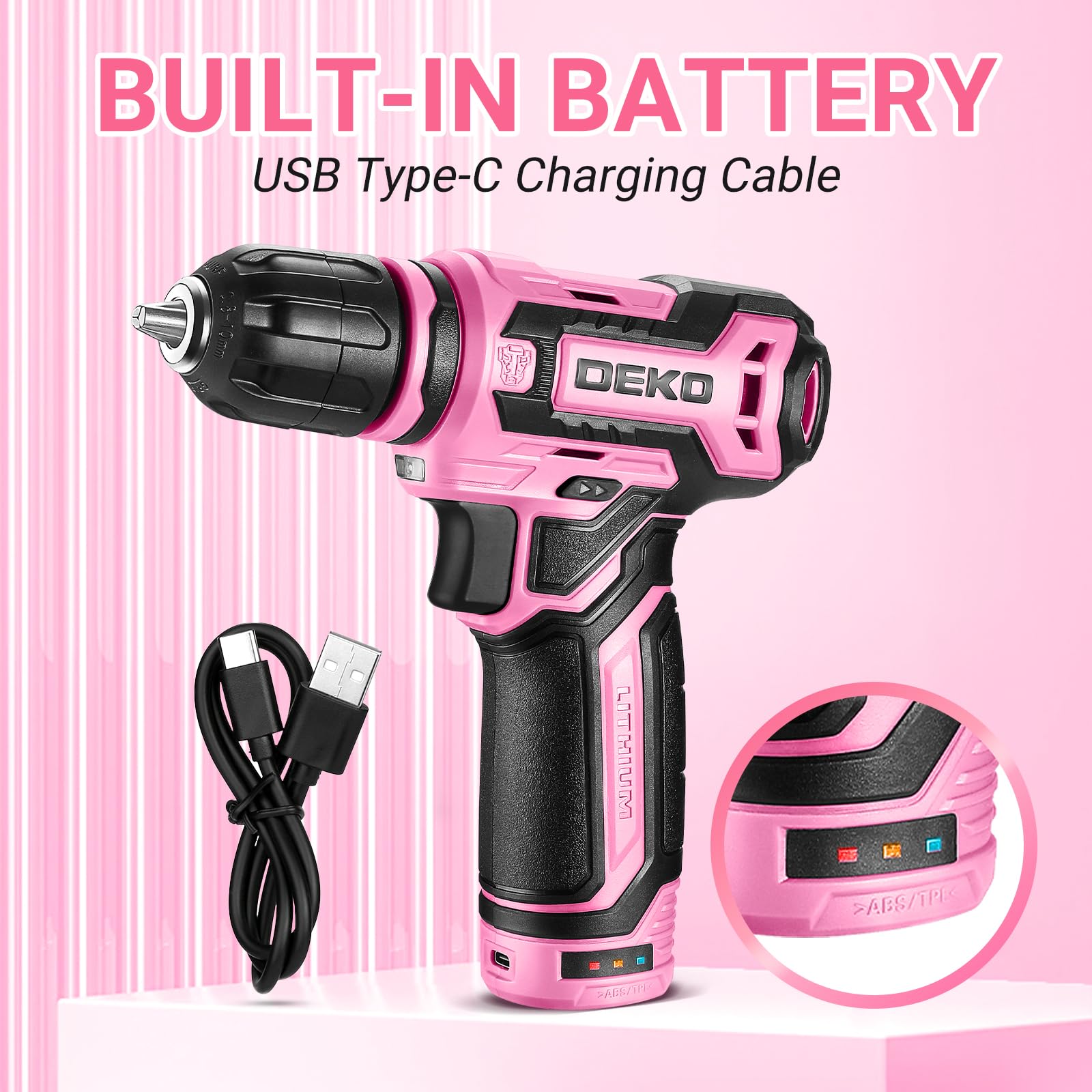 DEKO PRO 12V Cordless Drill Set with Battery & Charger - Lightweight Electric Screwdriver for Home DIY, Woodworking & Metal Projects (Pink)