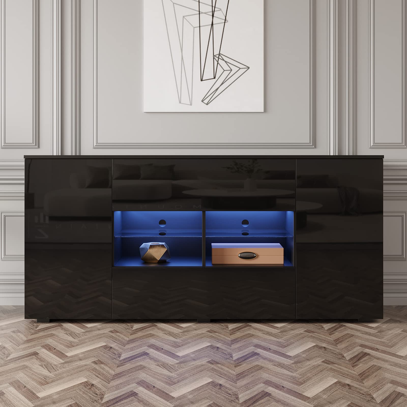 Modern LED Sideboard Buffet Cabinet with Storage - High Gloss Kitchen Buffet with 2 Doors, 2 Drawers & 2 Open Shelves - Perfect for Dining Room, Living Room, Hallway & Kitchen Organization