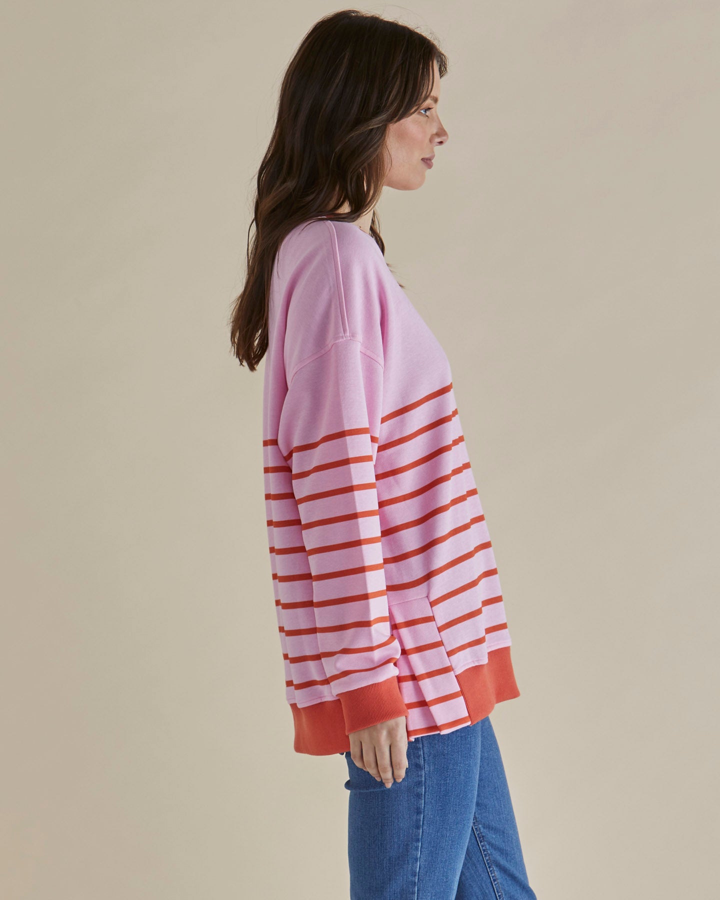 Betty Basics Easy Crew Sweat Women's Casual Pullover Sweatshirt - Pink & Orange Striped for Gym, Lounge & Everyday Wear