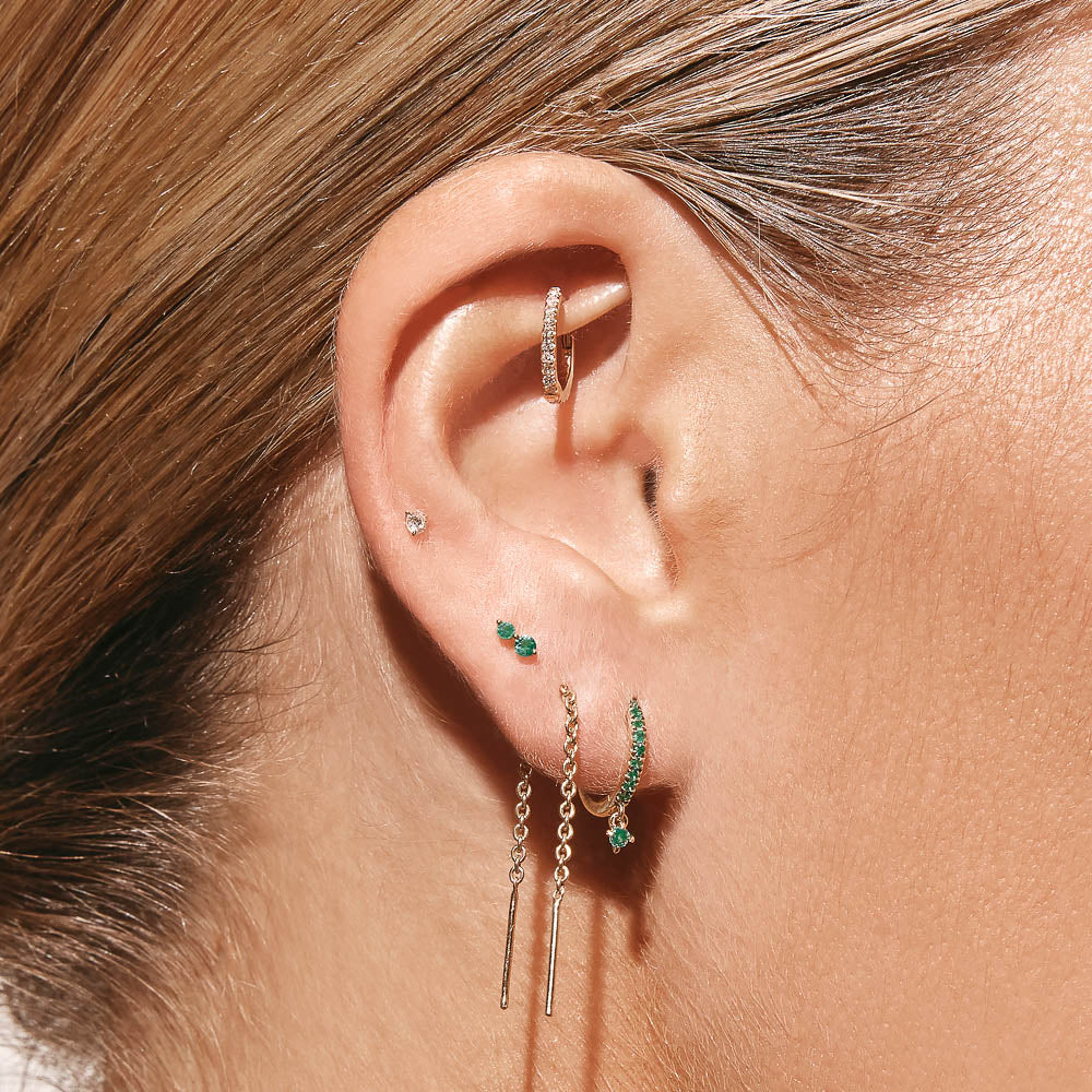 10k Gold Emerald Twin Cluster Helix Single Stud Earrings - Perfect for Parties, Weddings & Everyday Elegance