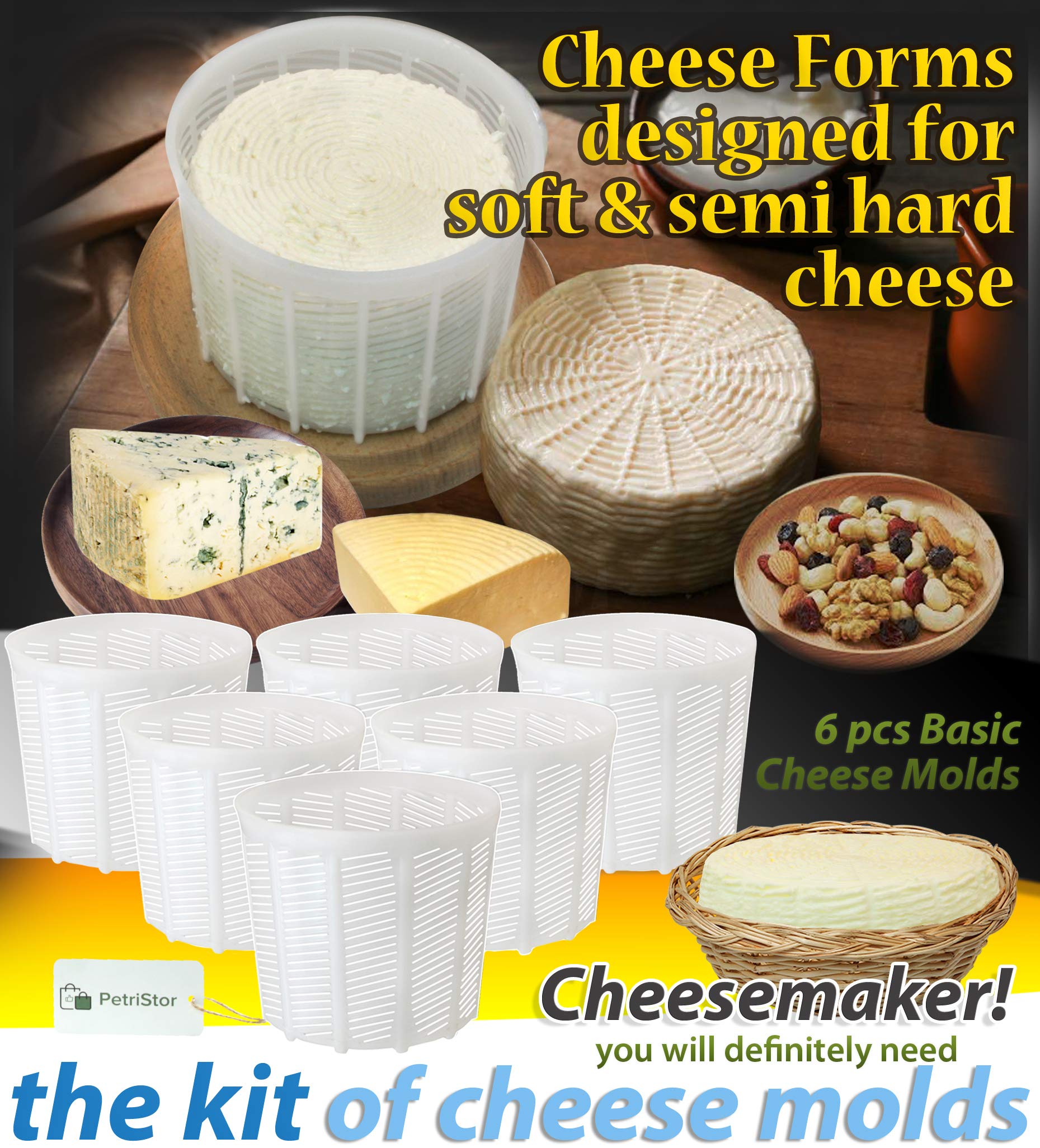 PetriStor 6-Piece Soft Cheese Mold Set for Homemade Cheese Making - 1.85QT Cream Cheese & Feta Mold - Stainless Steel Cheese Form Basket - DIY Cheese Making Supplies for Fresh Cheese, Mozzarella & Ricotta - Perfect for Home Cheesemaking, Gifts & Culinary Classes