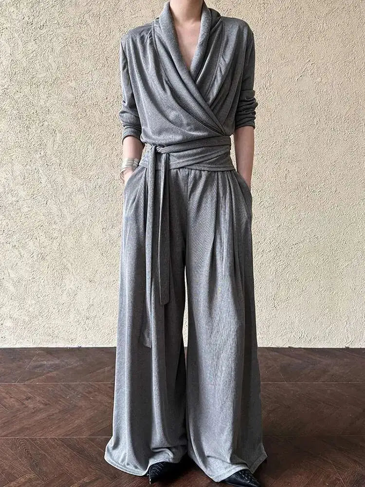 Elegant Women's Bandage T-Shirt & Wide Leg Pants Two-Piece Suit - V-Neck Long Sleeve Fashion Set for Spring/Autumn 2025 | Office Wear, Casual Outfits & Special Occasions