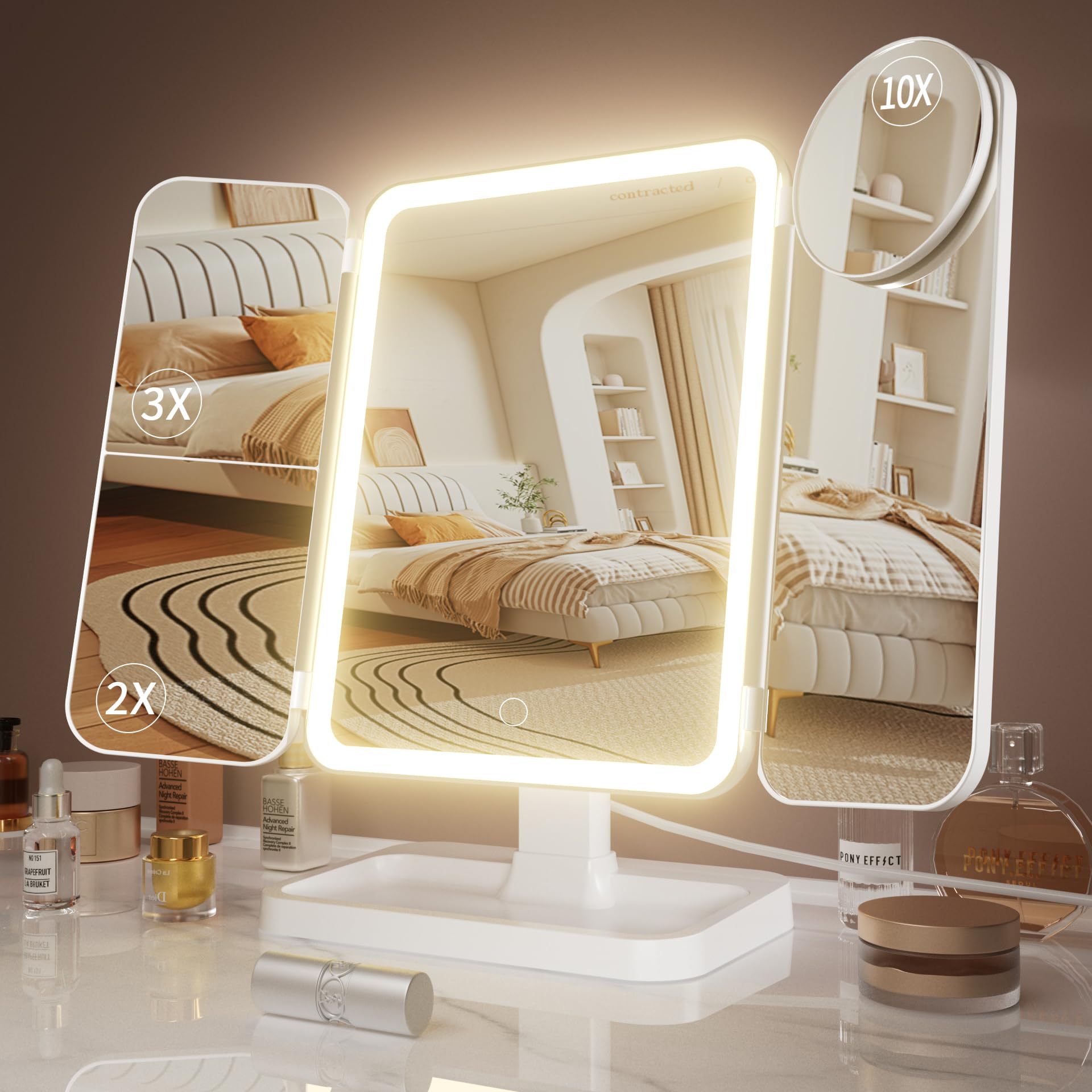 Rechargeable Vanity Mirror with LED Lights & Magnification (2X/3X/10X) - 3 Color Adjustable Lighting, Portable Travel Makeup Mirror for Women - Perfect for Home, Travel & Professional Makeup Application