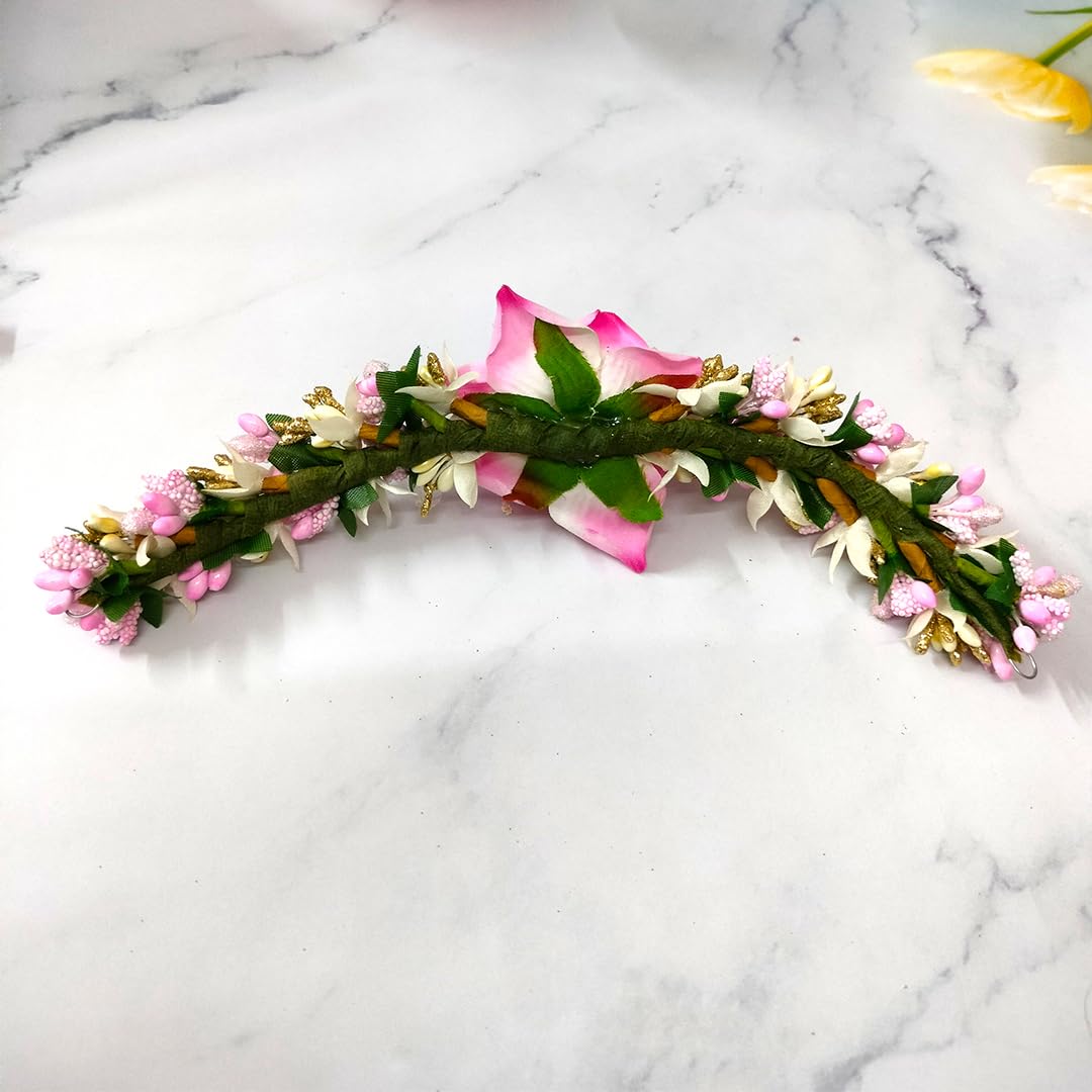 Rose Flower Hair Pin with Leaf Pollens & Pearl Design - Elegant Hair Veil/Side Juda Decoration for Women & Girls (Baby Pink) | Perfect for Weddings, Parties & Special Occasions