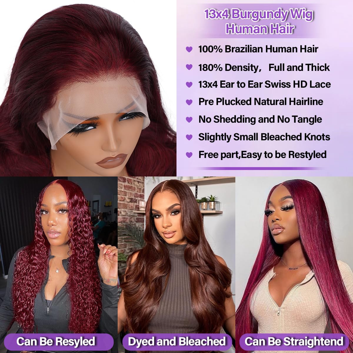 26 Inch Burgundy 13x4 Lace Front Wig Human Hair - 99J Body Wave Pre Plucked 180% Density HD Transparent Red Wig with Baby Hair for Women | Perfect for Daily Wear, Parties, Cosplay & Special Occasions