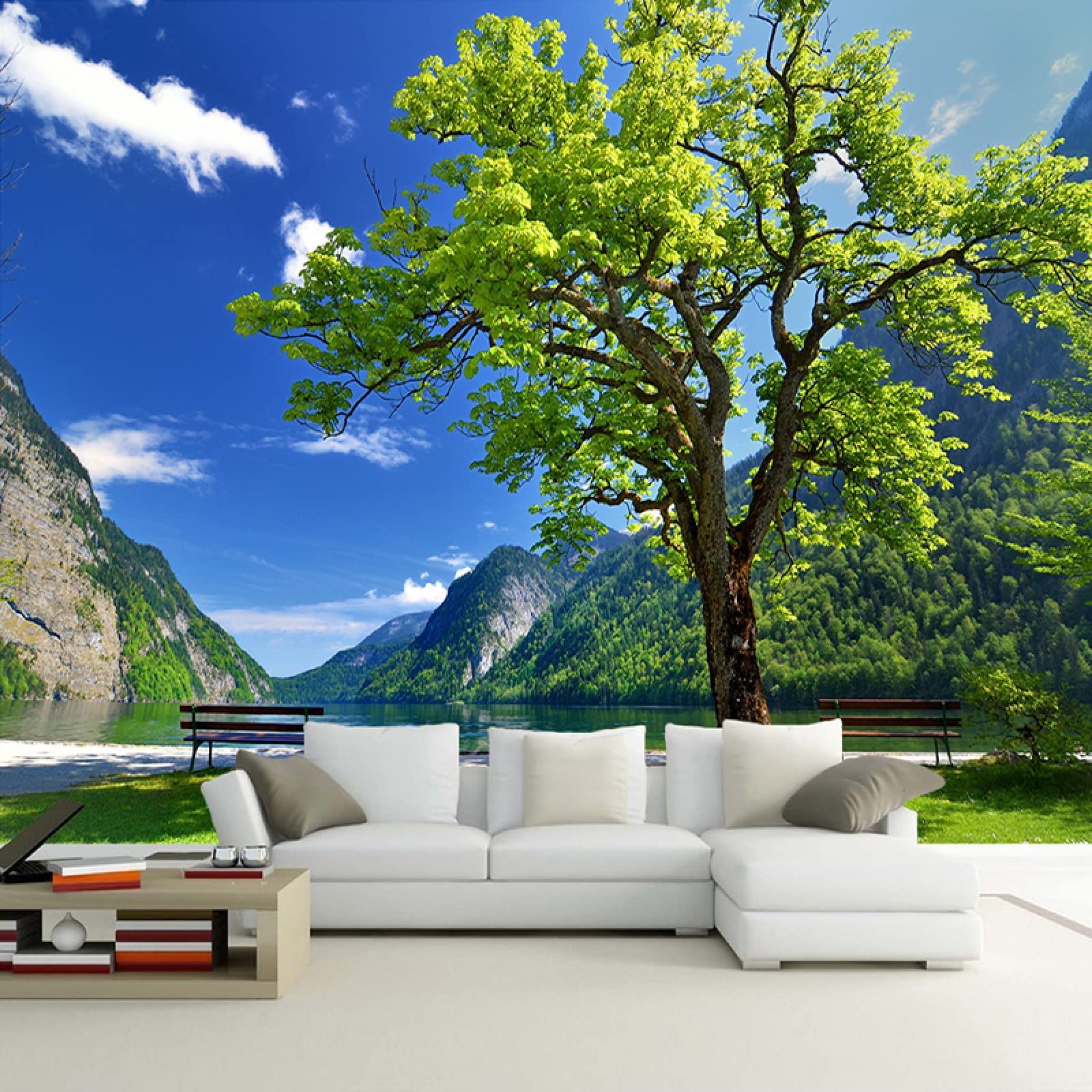 3D Modern Green Mountain Tree Nature Landscape Wall Mural - Large 135