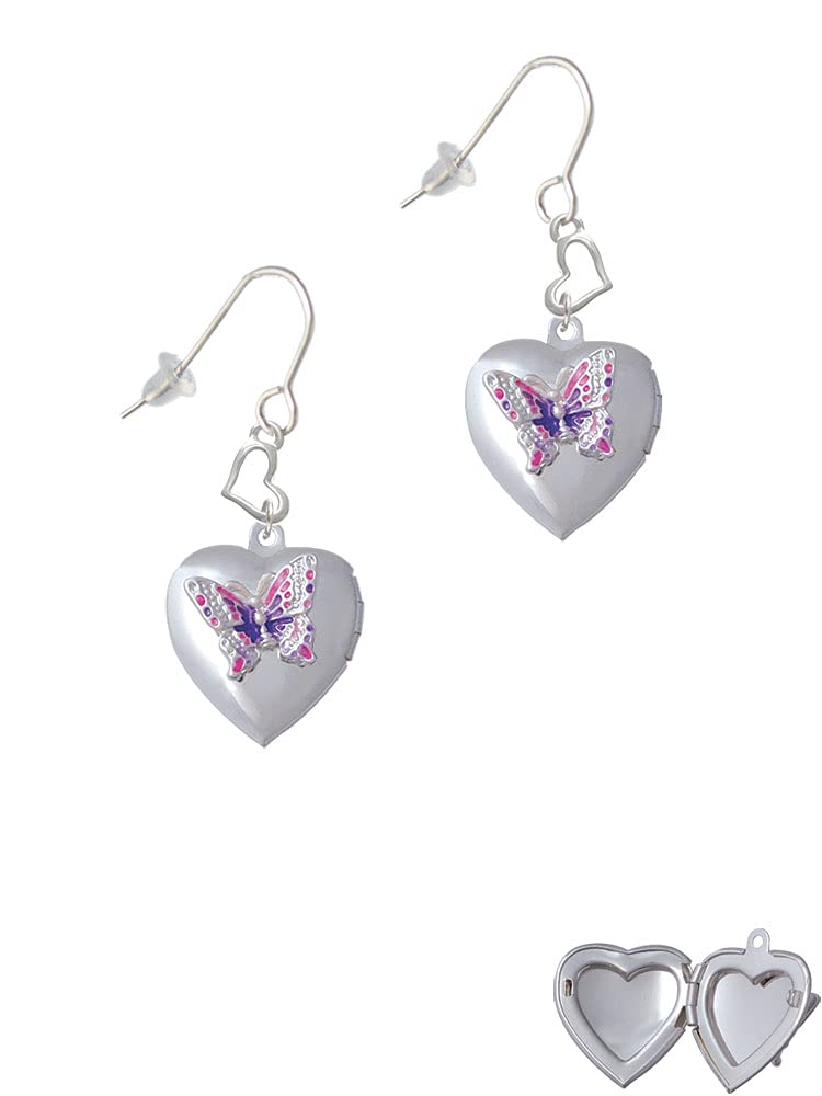 Silver Butterfly Heart Locket Earrings - Elegant French Jewelry for Gifts