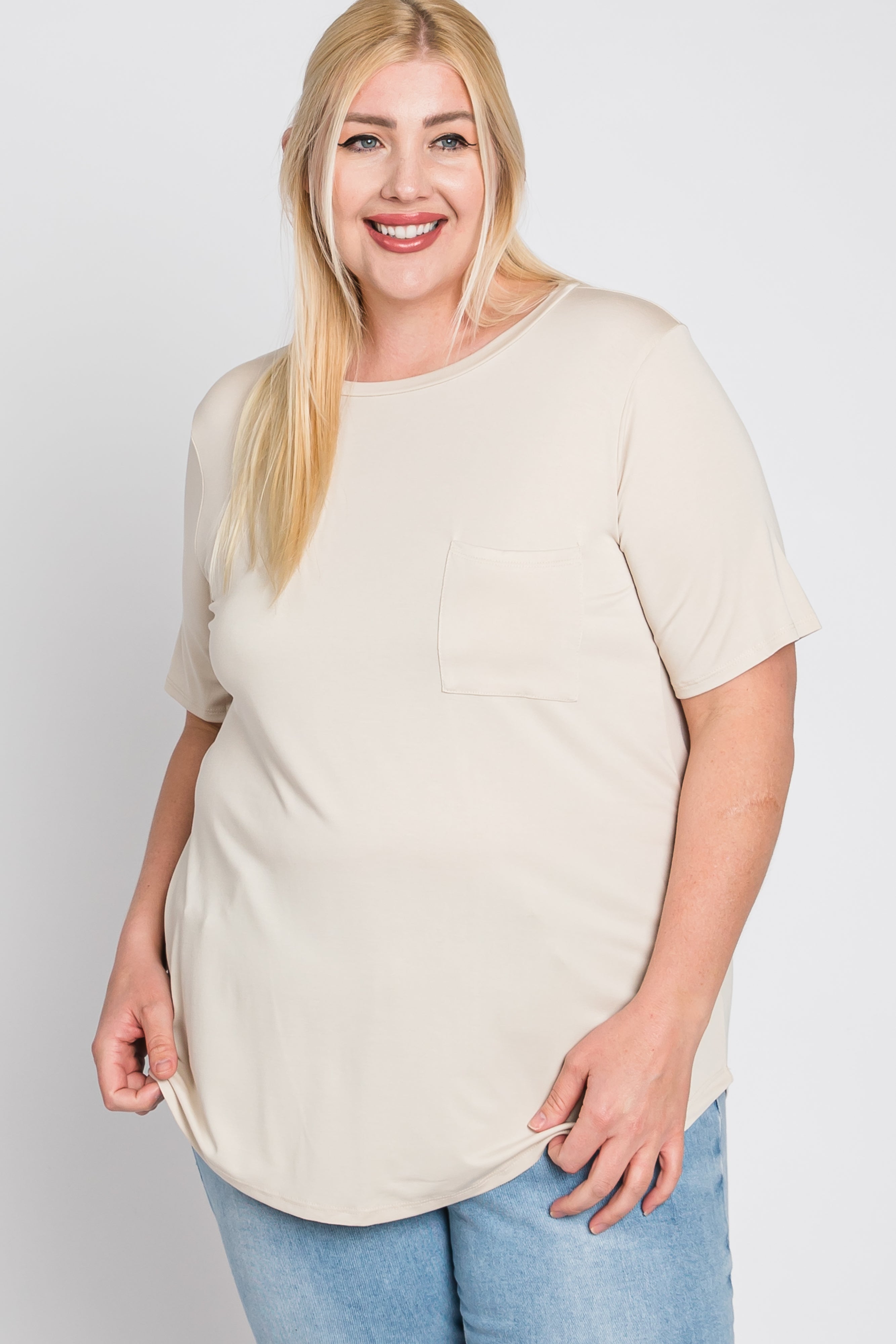 Beige Crew Neck Short Sleeve T-Shirt for Women with Front Pocket - Casual Plus Size Summer Top for Outdoors, Travel & Everyday Wear