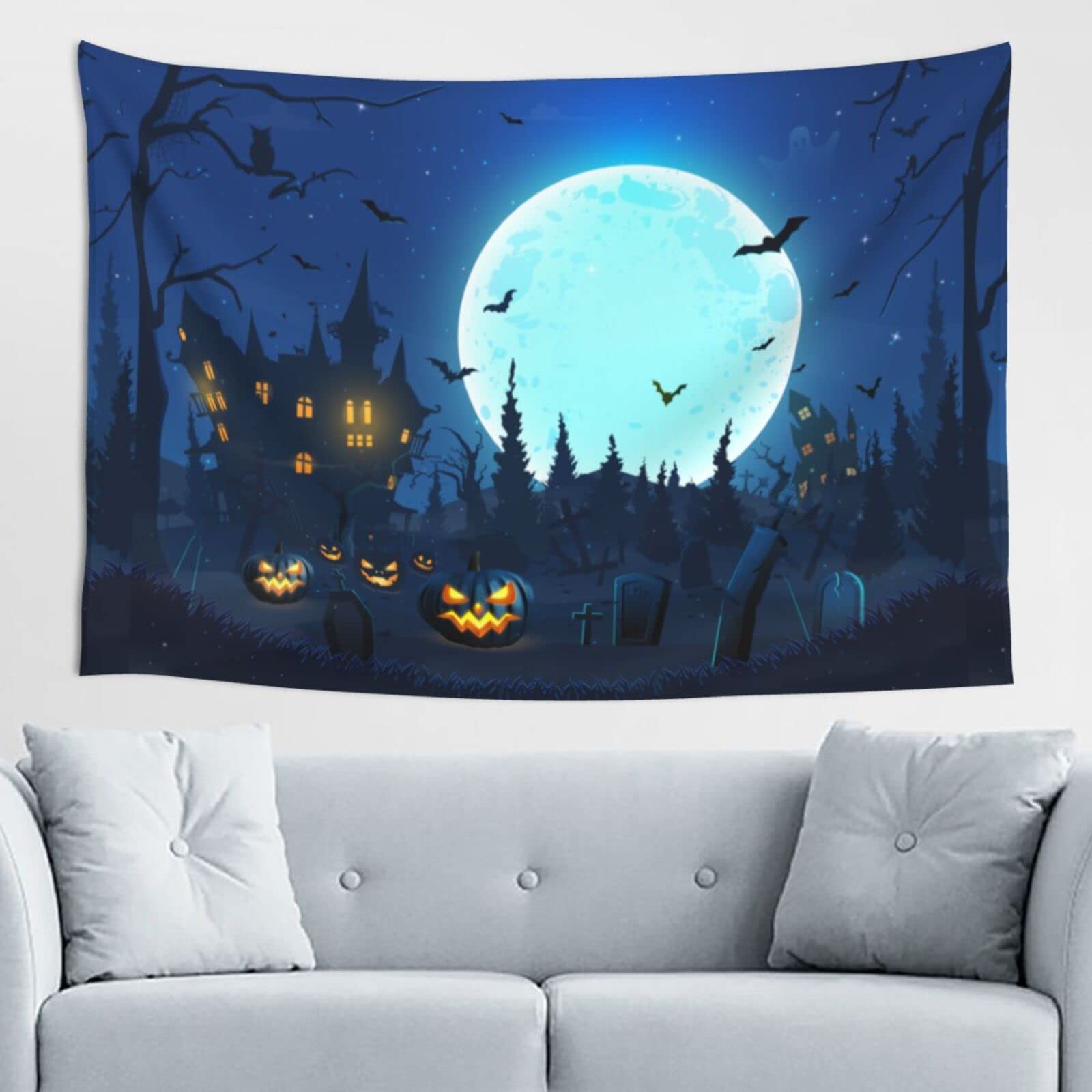 Vthxloi Halloween Tapestry - Spooky Moon & Pumpkin Wall Hanging for Home Decor (60x40 Inches) | Hippie Aesthetic Dorm Room Tapestry for Bedroom, Living Room & Party Decorations