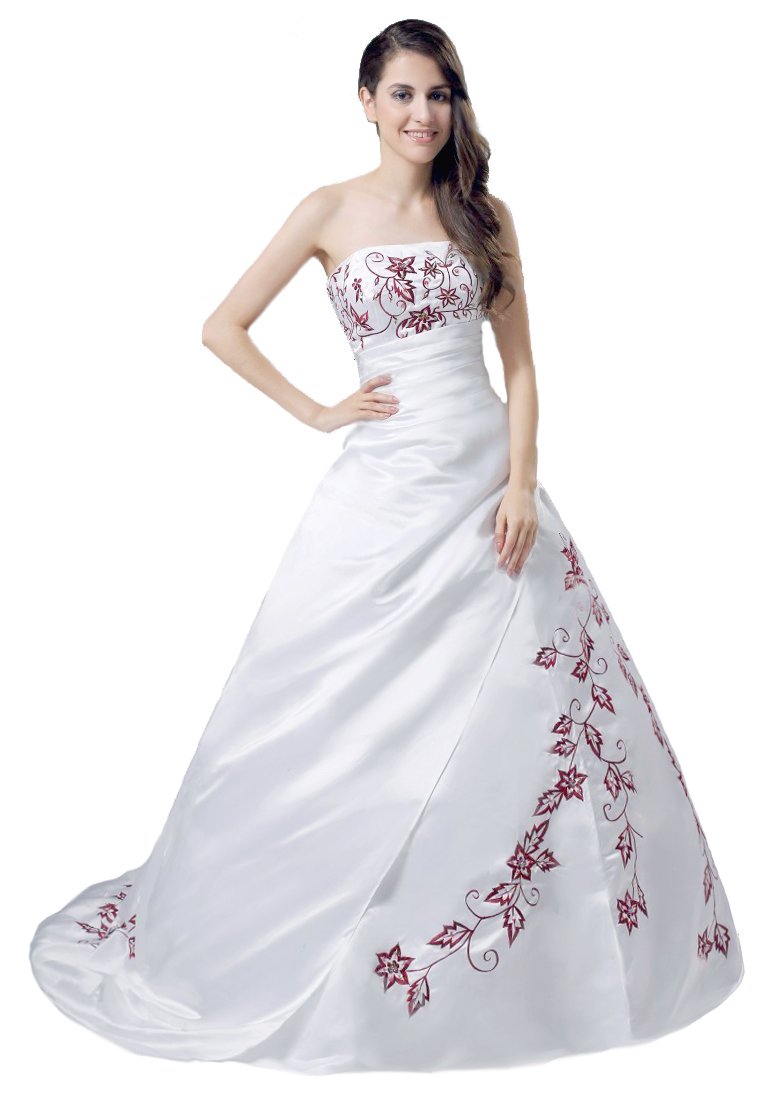 FairOnly M56 Red Embroidery White Wedding Dress - Size S | Elegant Bridal Gown for Church Ceremony, Beach Wedding & Formal Occasions