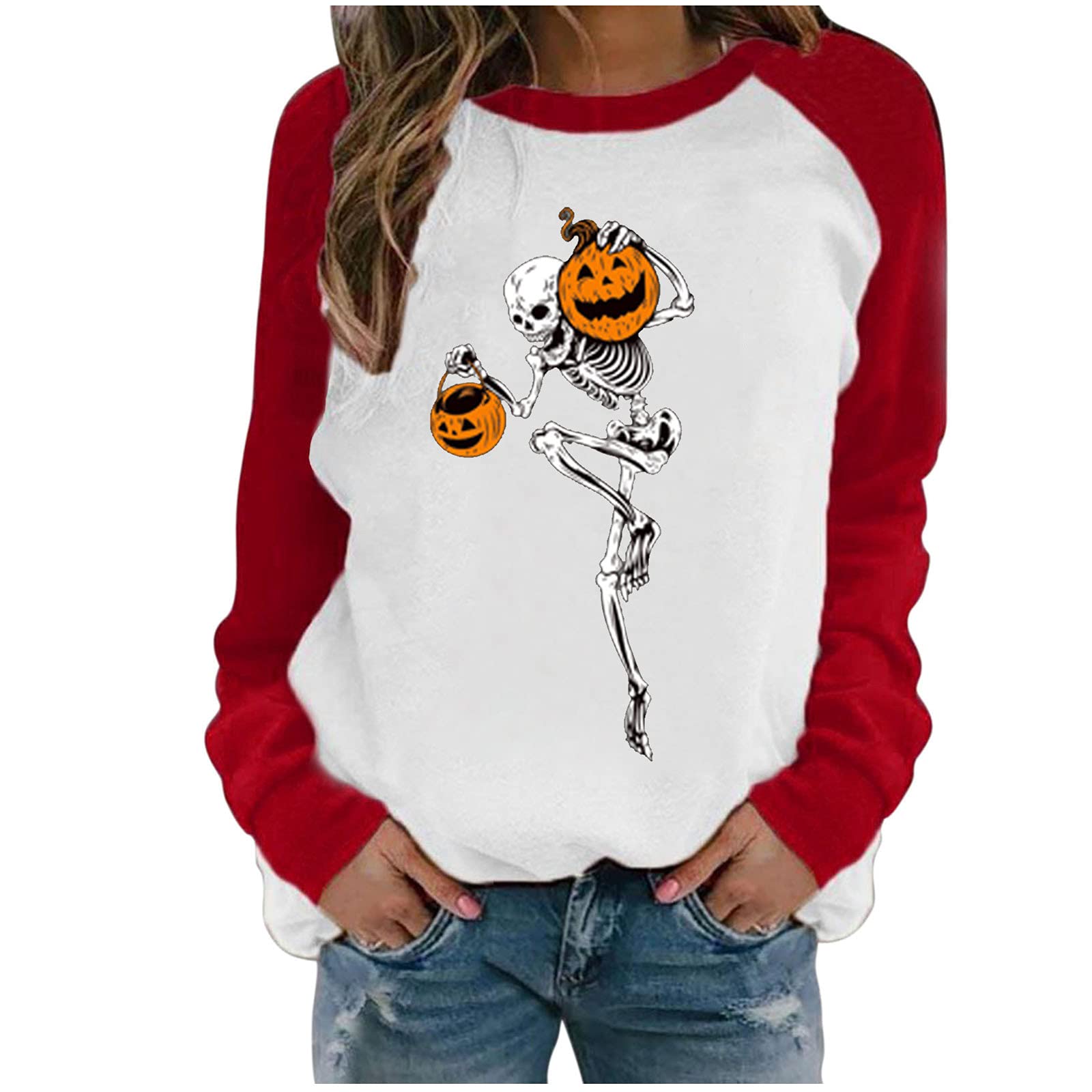 Miximx Women's Halloween Print Crewneck Long Sleeve Blouse - Cute Fall Casual Sweatshirt for Pumpkin Patch, Trick or Treating & Autumn Outings