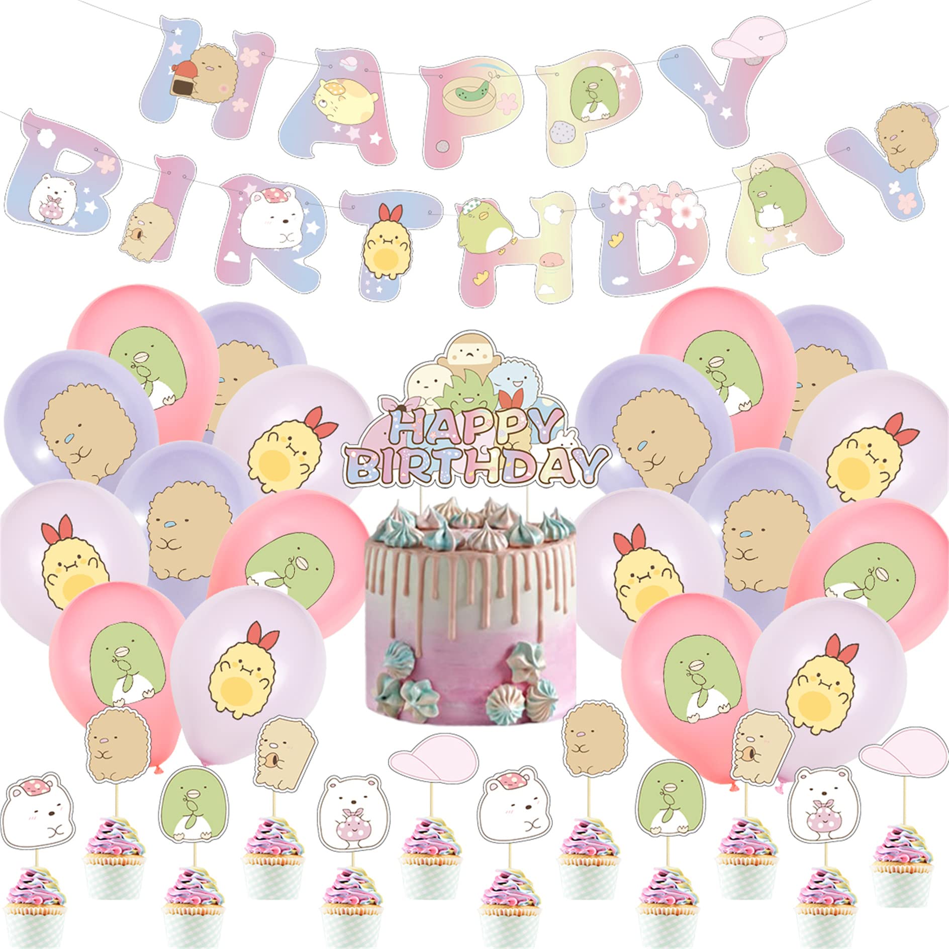 32Pcs Sumikko Gurashi Birthday Party Supplies Kit - Happy Birthday Banner, Latex Balloons, Cupcake Toppers - Cute Anime Theme Party Decorations for Kids & Family - Perfect for Birthday Celebrations, Baby Showers & Themed Events