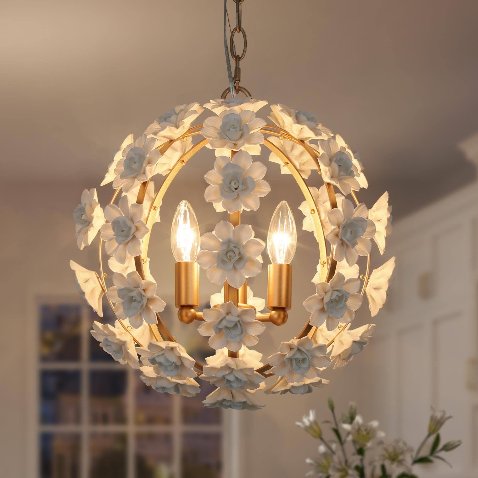 Elegant Gold Chandeliers - 3-Light Orb Ceramic Flower Pendant Lighting Fixture for Dining Room, Living Room, Kitchen | Modern Hanging Light for Home Decor, Wedding, Restaurant & Cafe Ambiance