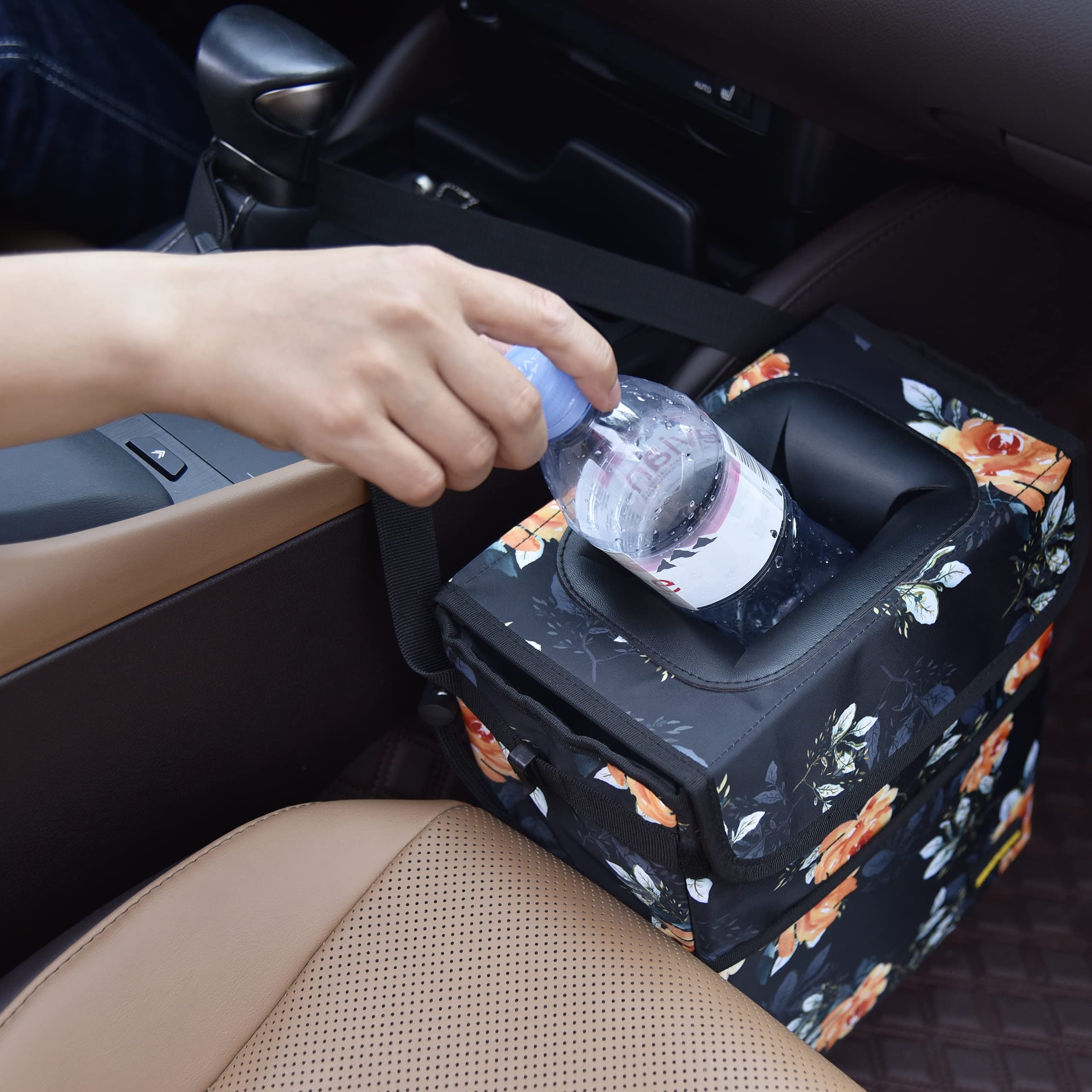 Leak-Proof Collapsible Car Trash Can with Lid - 2 Gallon Waterproof Garbage Bin with Storage Pockets & Adjustable Straps for Vehicles, Travel, Camping & Home Use (Flower Design)