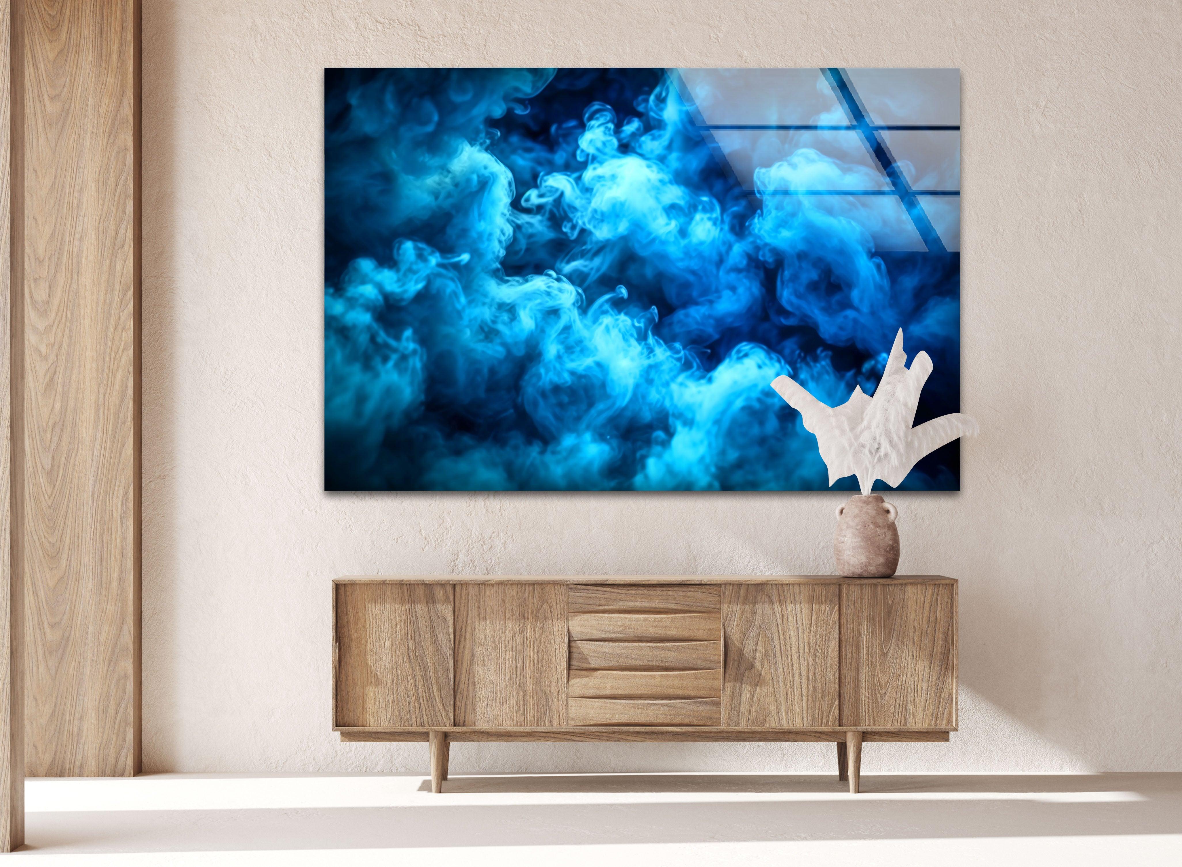Blue Smoke Glass Wall Art - Modern Abstract Decor for Living Room, Bedroom & Office - Handmade Glass Artwork for Home & Office Decor