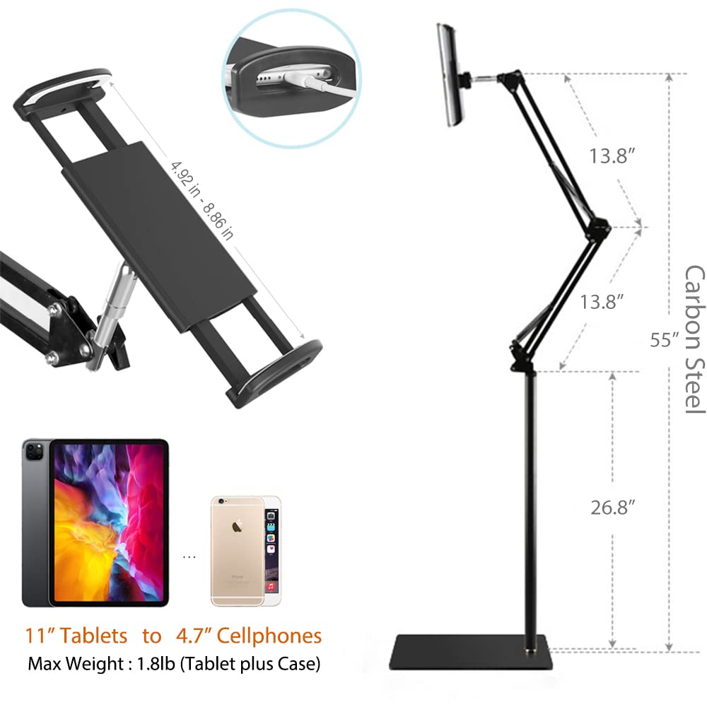 Adjustable Tablet Floor Stand - Universal Overhead Bed Phone Holder for iPhone, iPad Pro/Air/Mini, Samsung Tab, Kindle & E-Readers | Height & Angle Adjustable - Perfect for Reading, Watching Videos & Hands-Free Use in Bed or Living Room