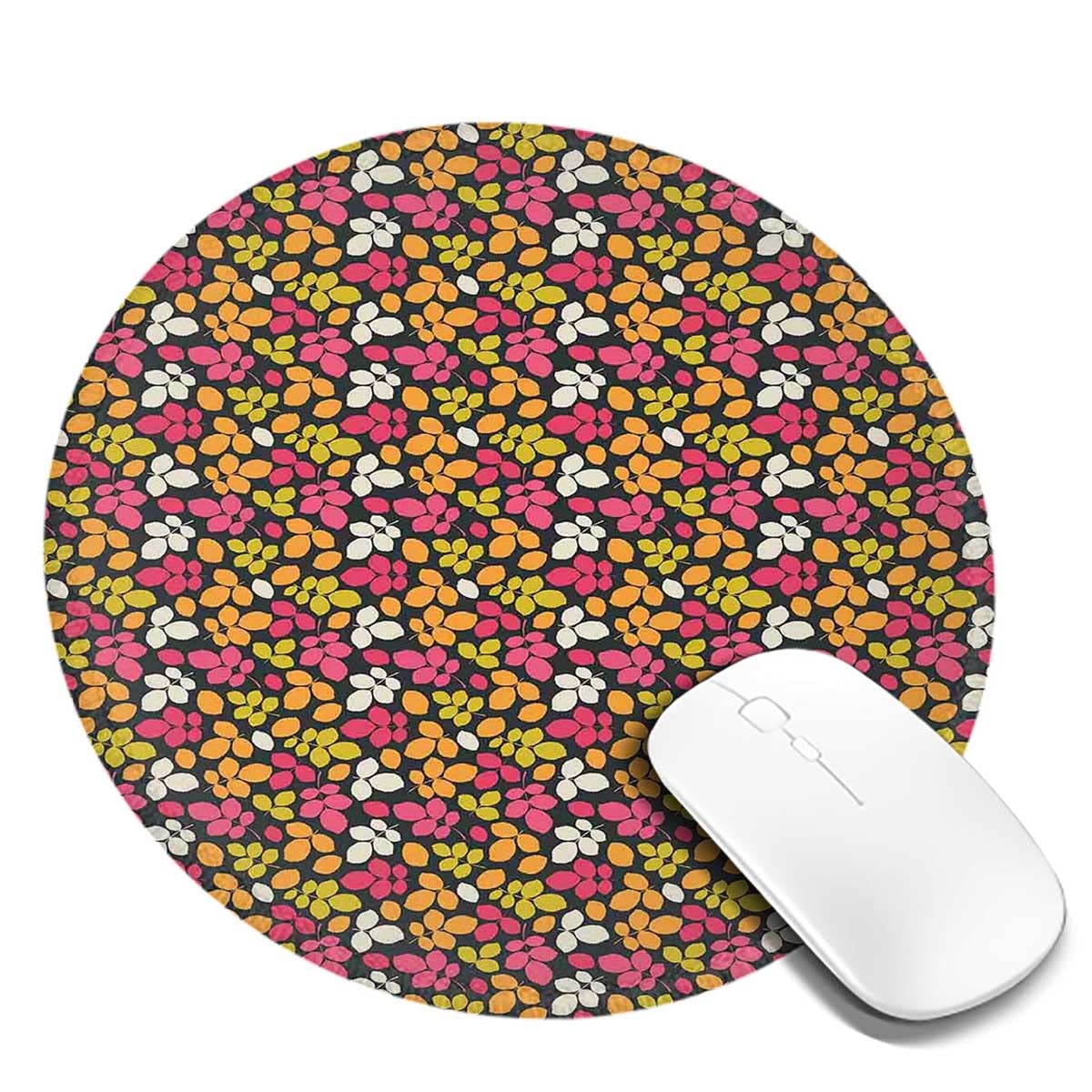 Round Mouse Pad for Wireless Mouse - Small Cute Desk Mouse Pad with Colorful Silhouette Leaves Design, 7.9×7.9×0.12 inches, Portable Home Office Accessories for Laptop & PC Gaming Use