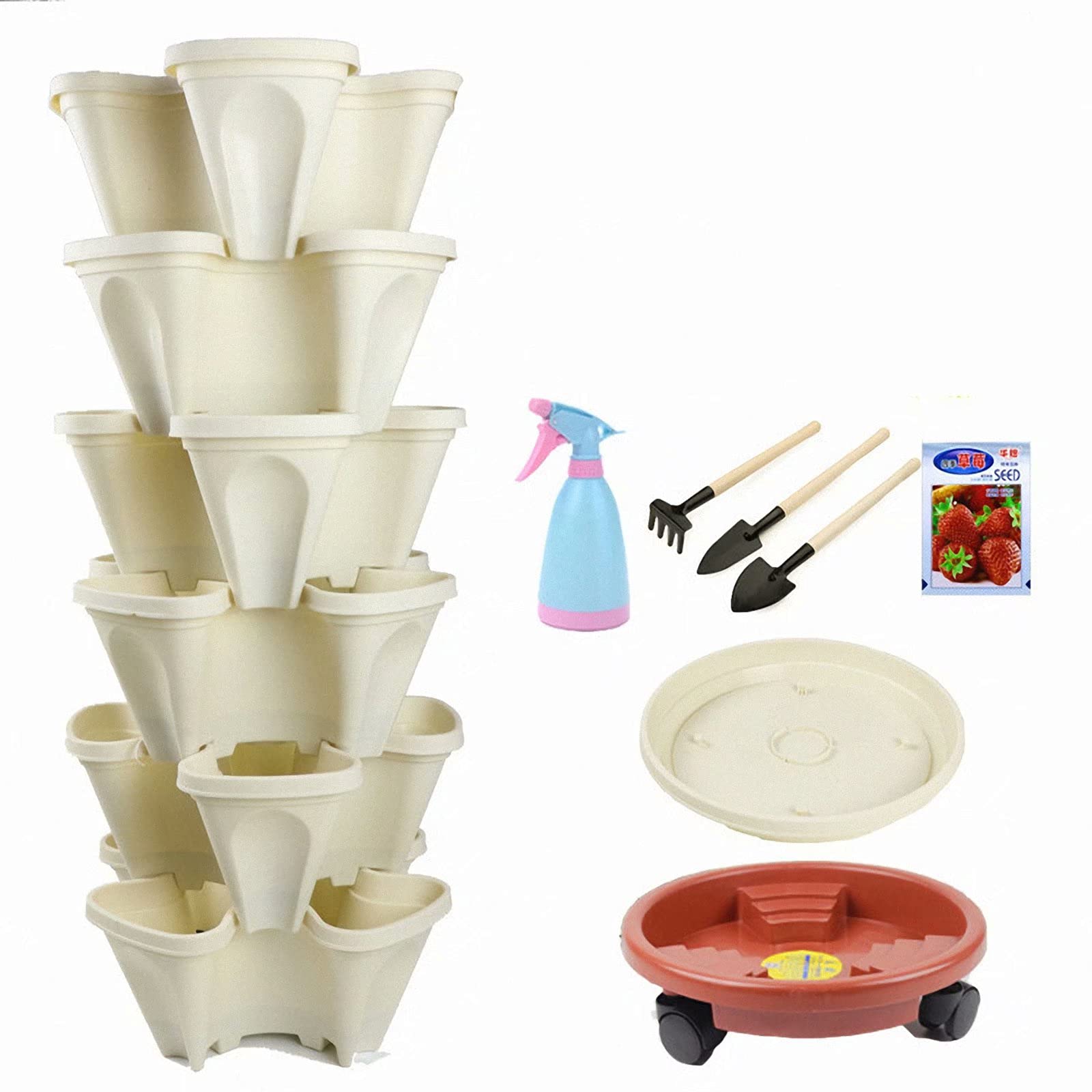 6-Tier Stackable Vertical Garden Planter Tower with Strawberry Seeds, Garden Tools & Watering Can - Herb & Strawberry Growing Kit for Indoor/Outdoor, Balcony, Patio Gardening