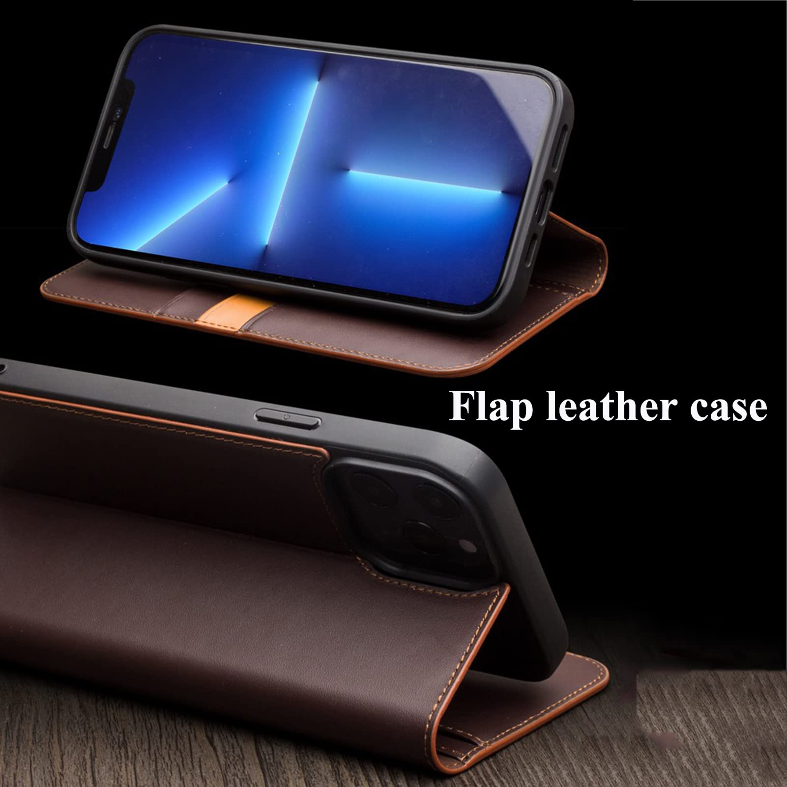 Genuine Leather Wallet Case for iPhone 13/13 Pro/13 Pro Max - Shockproof TPU Cover with Card Slots & Viewing Stand | Black | 6.1