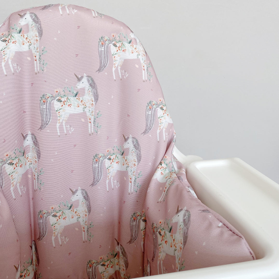 IKEA Highchair Cushion Cover - Pink Floral Unicorns Print Waterproof Replacement Cover for Baby Feeding Chair - Perfect for Nursery, Dining Room & Family Mealtime