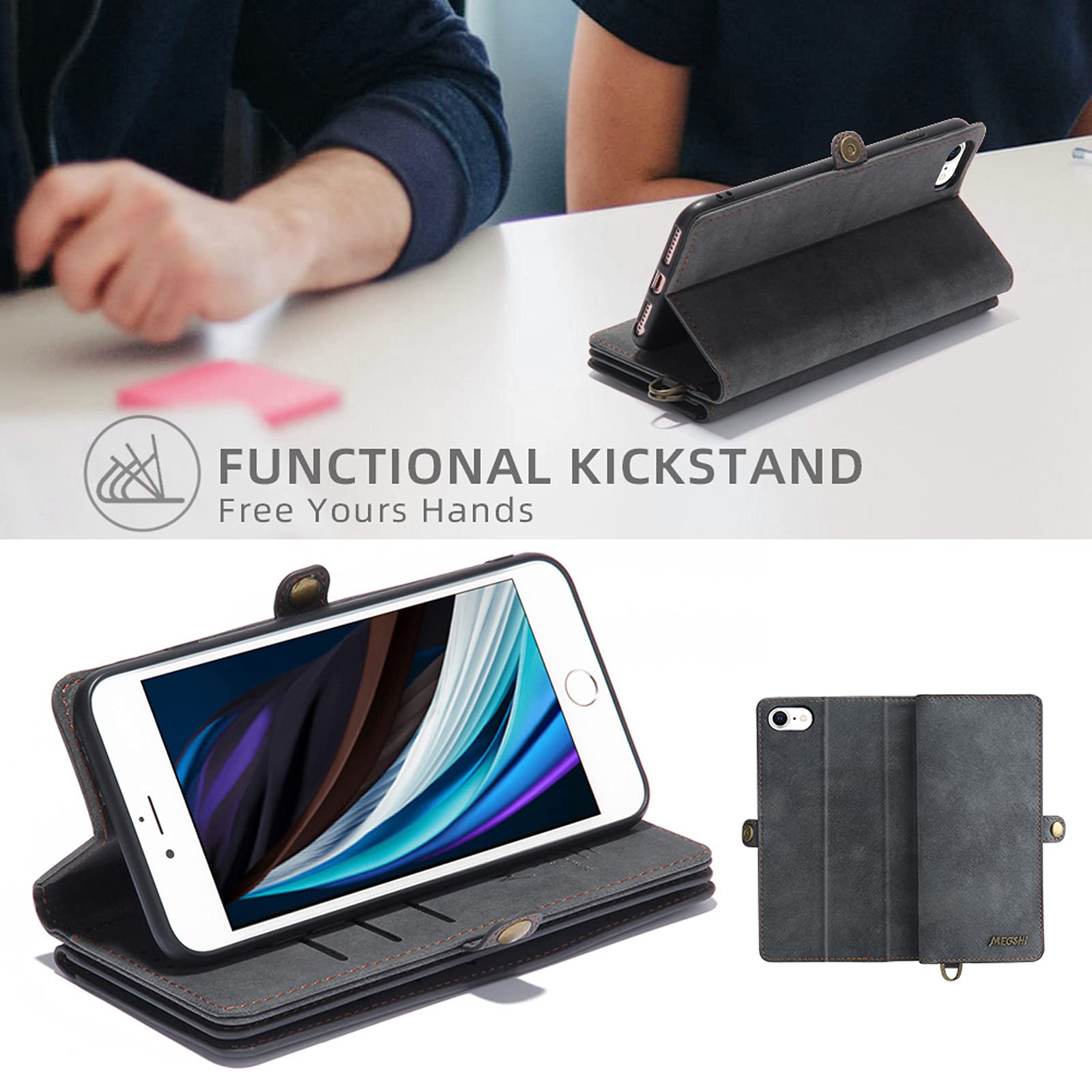 Magnetic Wallet Case for iPhone 7/8/SE (2020 & 2022) - 2-in-1 Detachable Cover with 9 Card Slots, Kickstand & Wrist Strap | Premium Flip Leather Phone Case (Black) | Perfect for Work, Travel & Everyday Protection